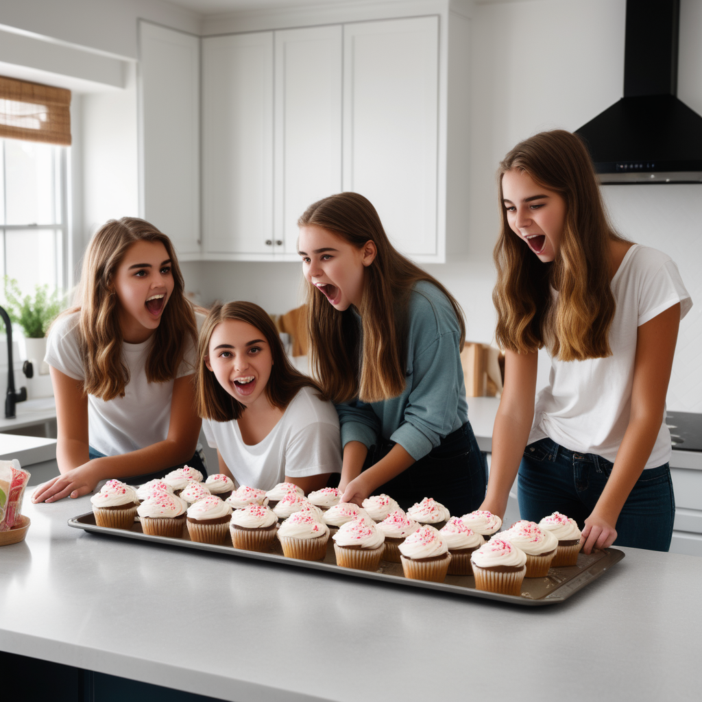 Four teenage girls are baking cupcakes The kitchen