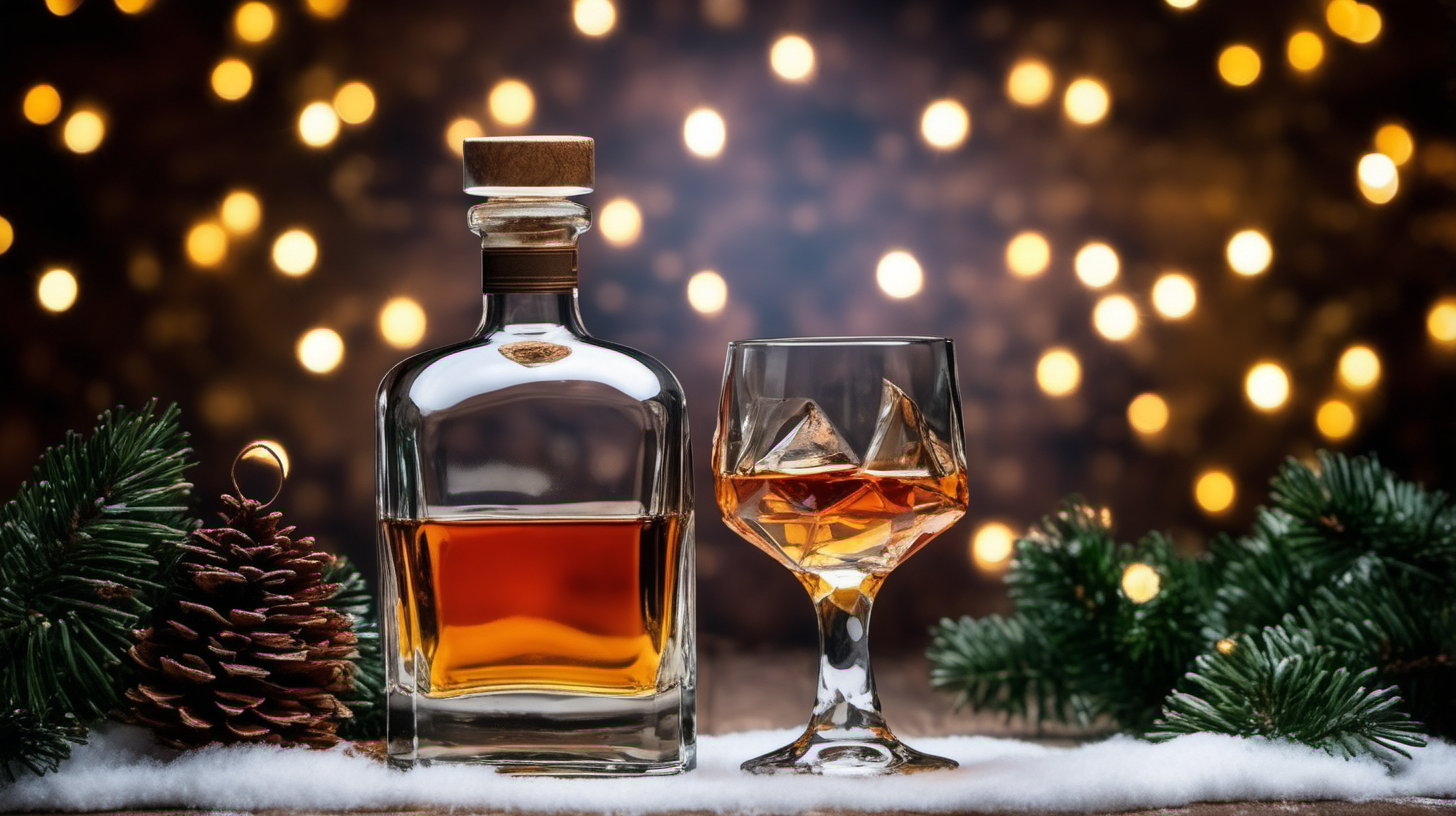 bottle of whiskey and glass in a festive