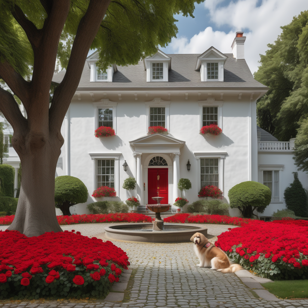 A large white house. In an old, affluent neighborhood. With extensive sidewalks and ancient trees. The house has a wide, large red door. A cobblestone walkway connects the house to the street. There is a large fountain in front of the house. The two sides of the walkway are covered with roses. A sizeable fluffy dog is sitting in front of the house.
