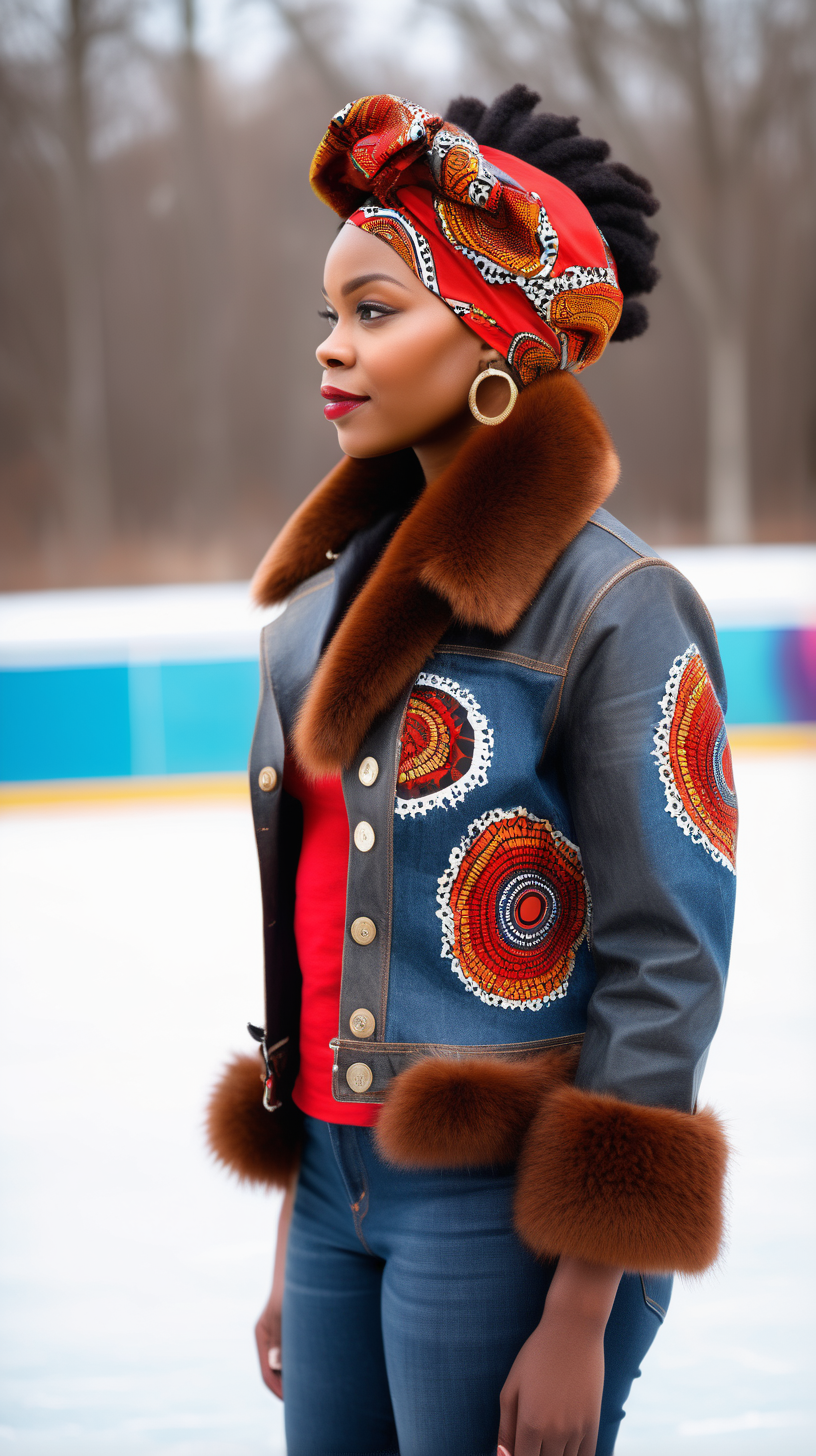 A beautiful black woman wearing an African printed fabric head wrap, Levi denim jacket, restyled into a three quarter length jacket, made of bright, Red, lambskin leather, with African printed fabric inserted in various places, show Front, Back, and Side views with stainless buttons, with a fluffy brown mink fur collar, standing at an outdoor ice skating rink, with grey and blue shades and hues in the background