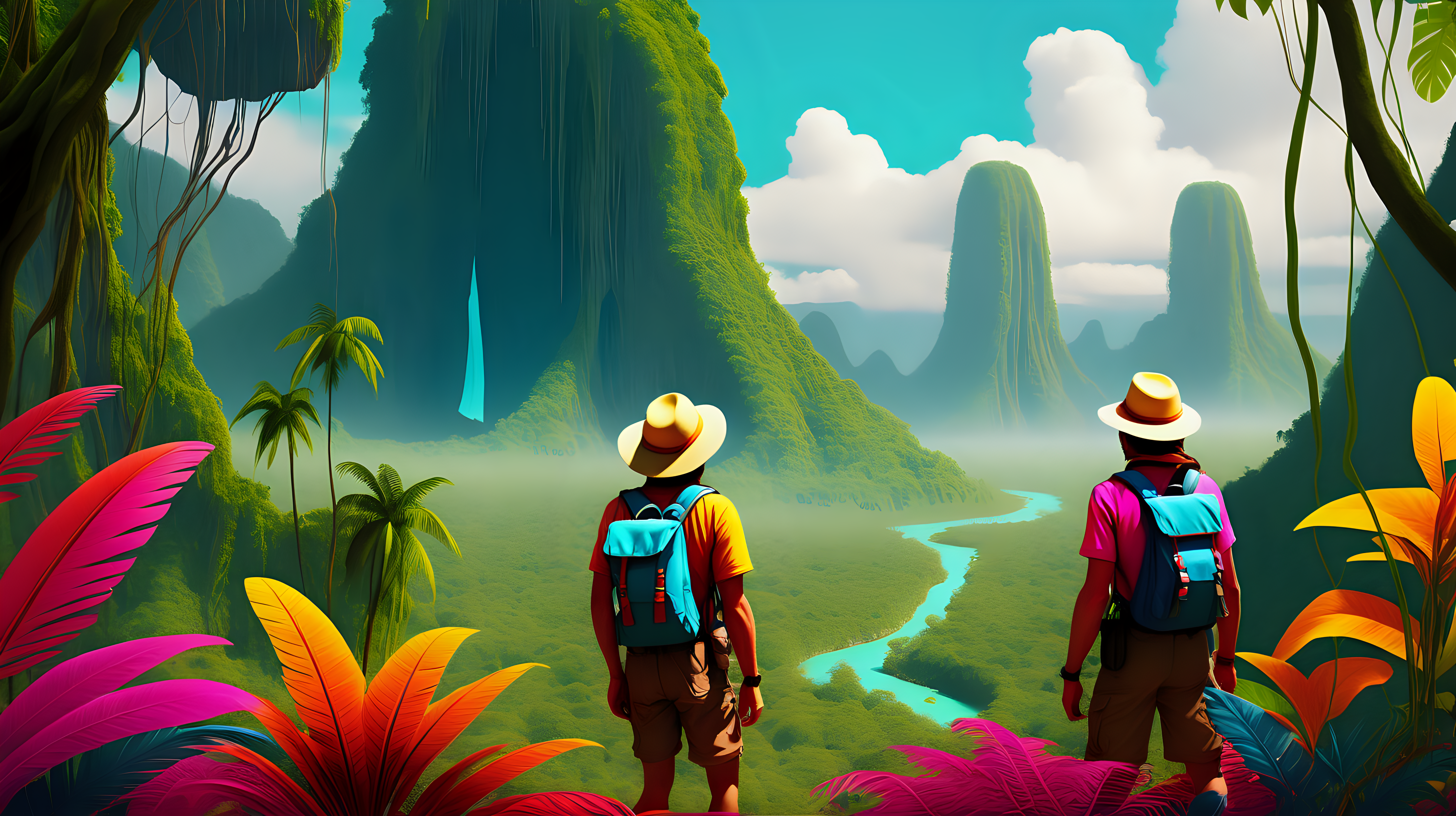 two explorers in the jungle with vivid colors and a vast landscape