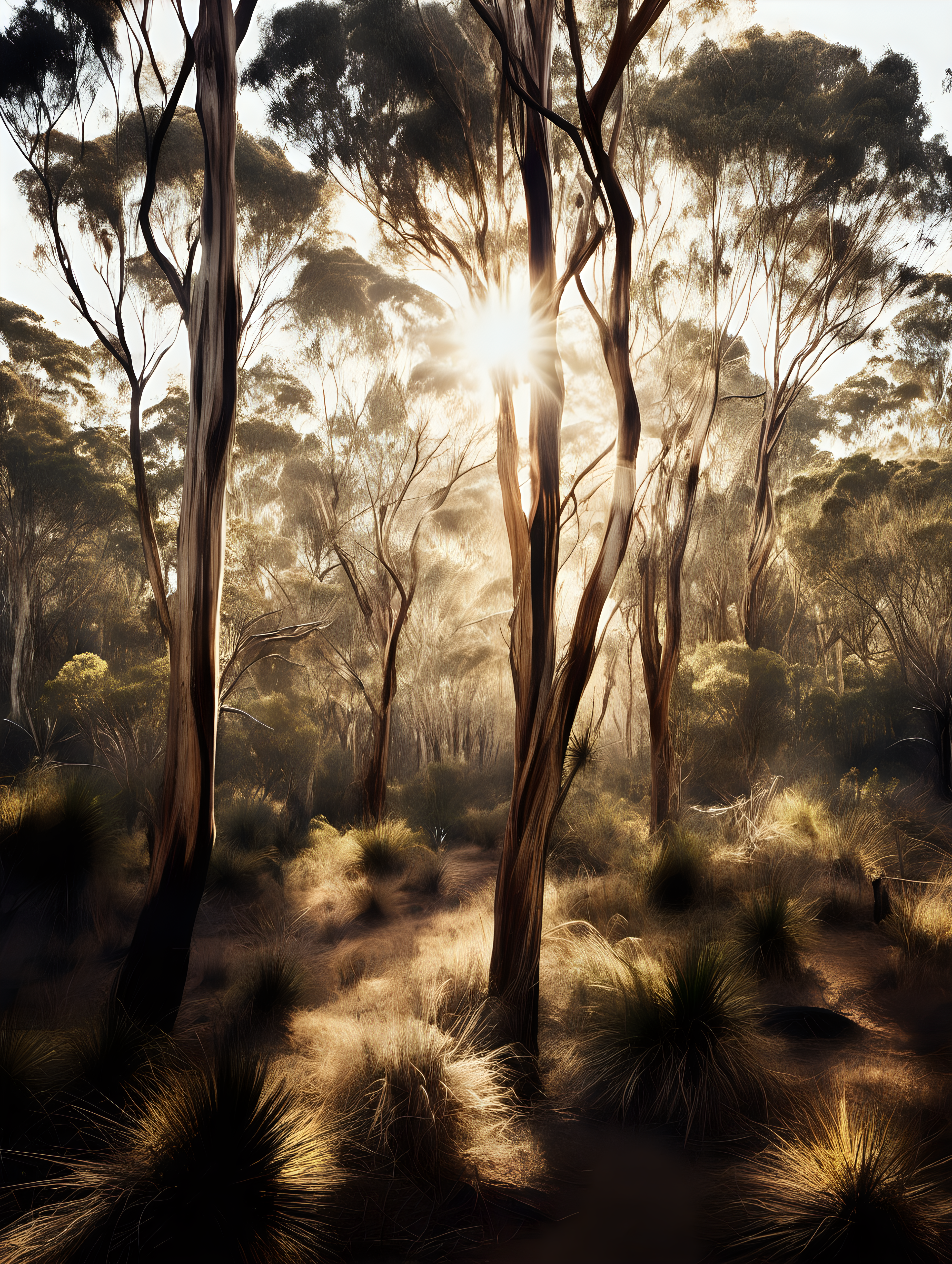 AN ARTISTIC BACKLIT PHOTOGRAPH OF A NATIVE AUSTRALIAN BUSHLAND. LIGHT AND AIRY IMAGE. 