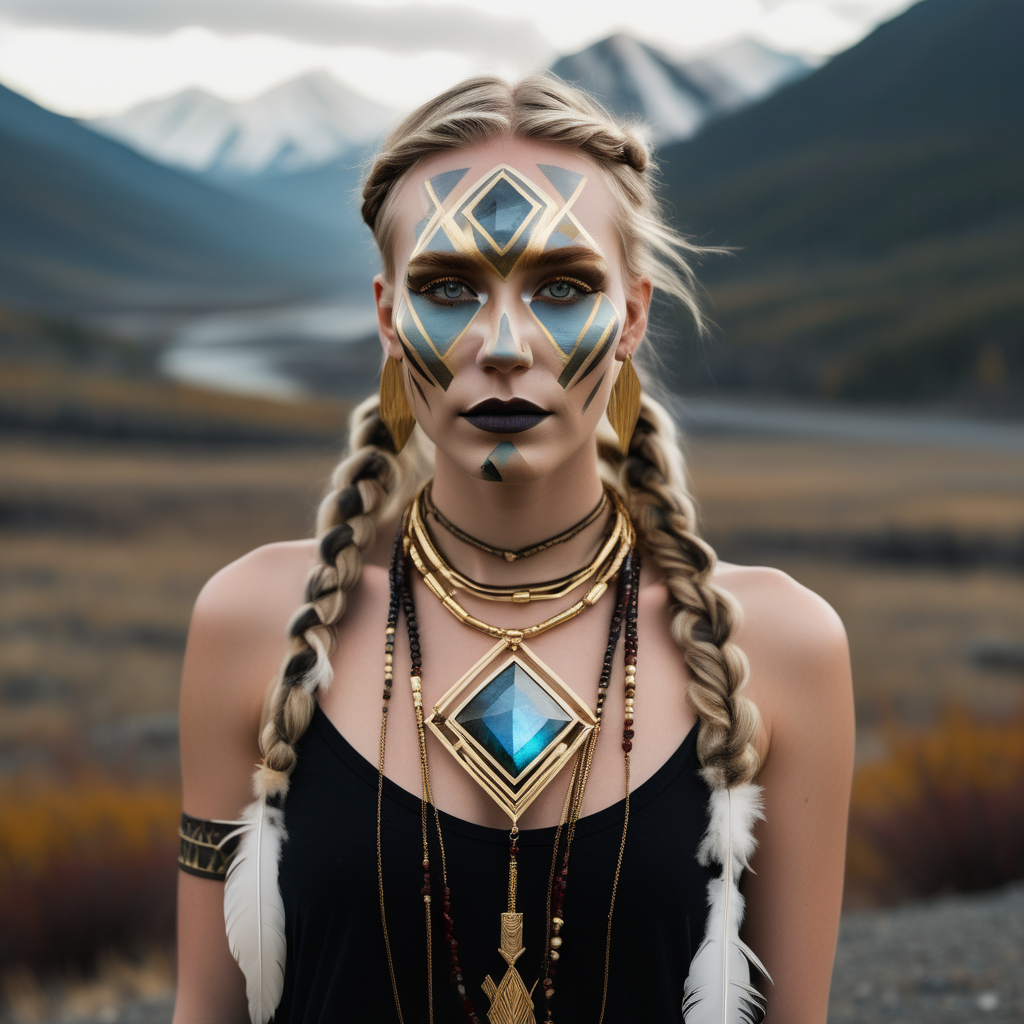 fair-haired woman with minimalist gold, geometric tribal face paint modeling a large faceted labradorite and garnet and gold necklace. she is visible from head to toe. Her clothes are minimal and her boots are tall. she has multiple braids in her hair, she is wearing tribal facepaint, she is wearing fur and feathers. she is standing by dramatic mountains