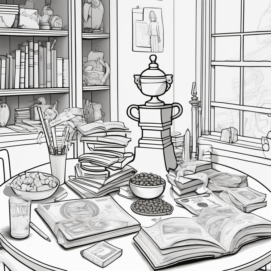 create an image without color for a kids' coloring book of a room with food on a table, trophies, graduation gown and cape, books and money