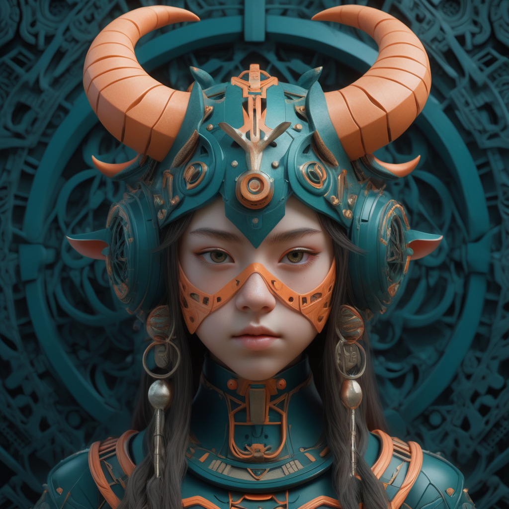beautiful teenage girl wearing horns and an army helmet, in the style of ethereal geometry, intricately sculpted, dark teal and light orange, masks and totems, realistic hyper-detailed portraits, machine-like precision, angura kei --ar 68:128 --stylize 750 --v 5. 2