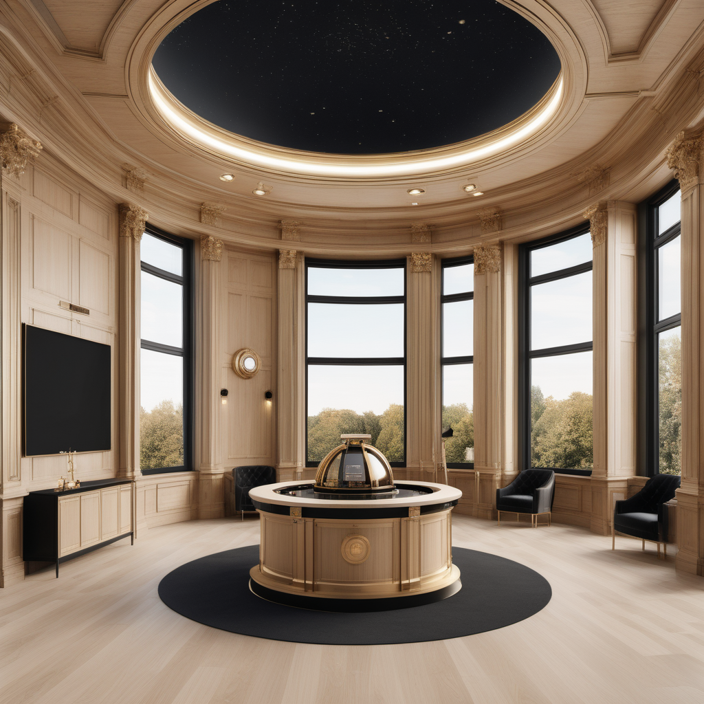 A hyperrealistic image of a luxurious, grand  modern Parisian observatory in a beige oak brass colour palette with accents of black , with coffered ceiling, floor to ceiling windows