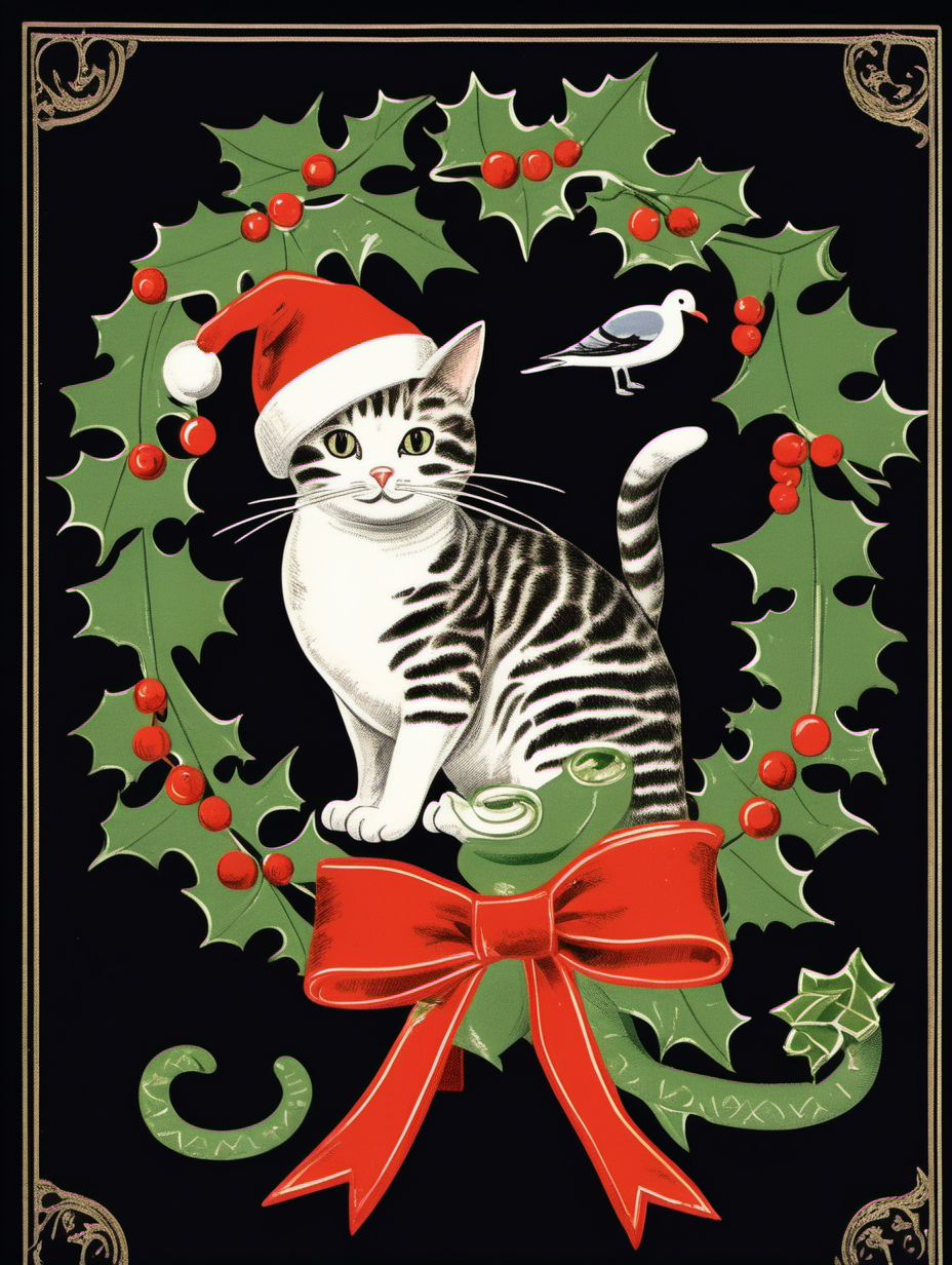 vintage christmas card illustration with mistletoe, a cat and a seagull and a snake wearing christmas hats on a black background