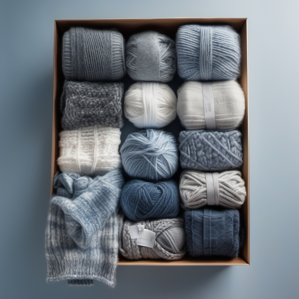 A top-down view of a clothing bundle, showcasing a harmonious blend of cozy knits and soft flannels in a palette of frosty blues, grays, and whites, evoking the serene beauty of a winter morning.
