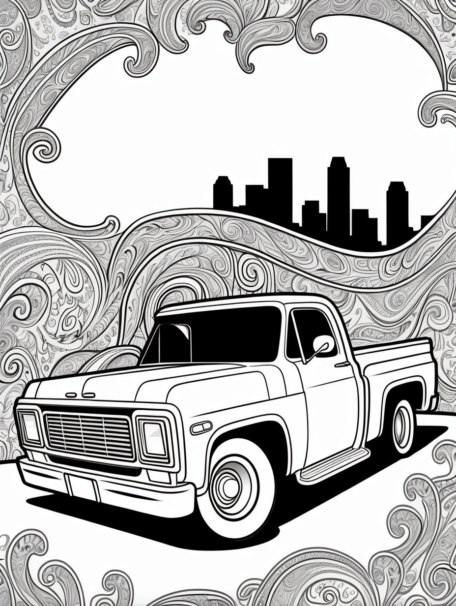 low-rider pick-up truck, paisley pattern background, children's coloring book page, cartoon style, clean line art, line art, coloring book, black and white, no color