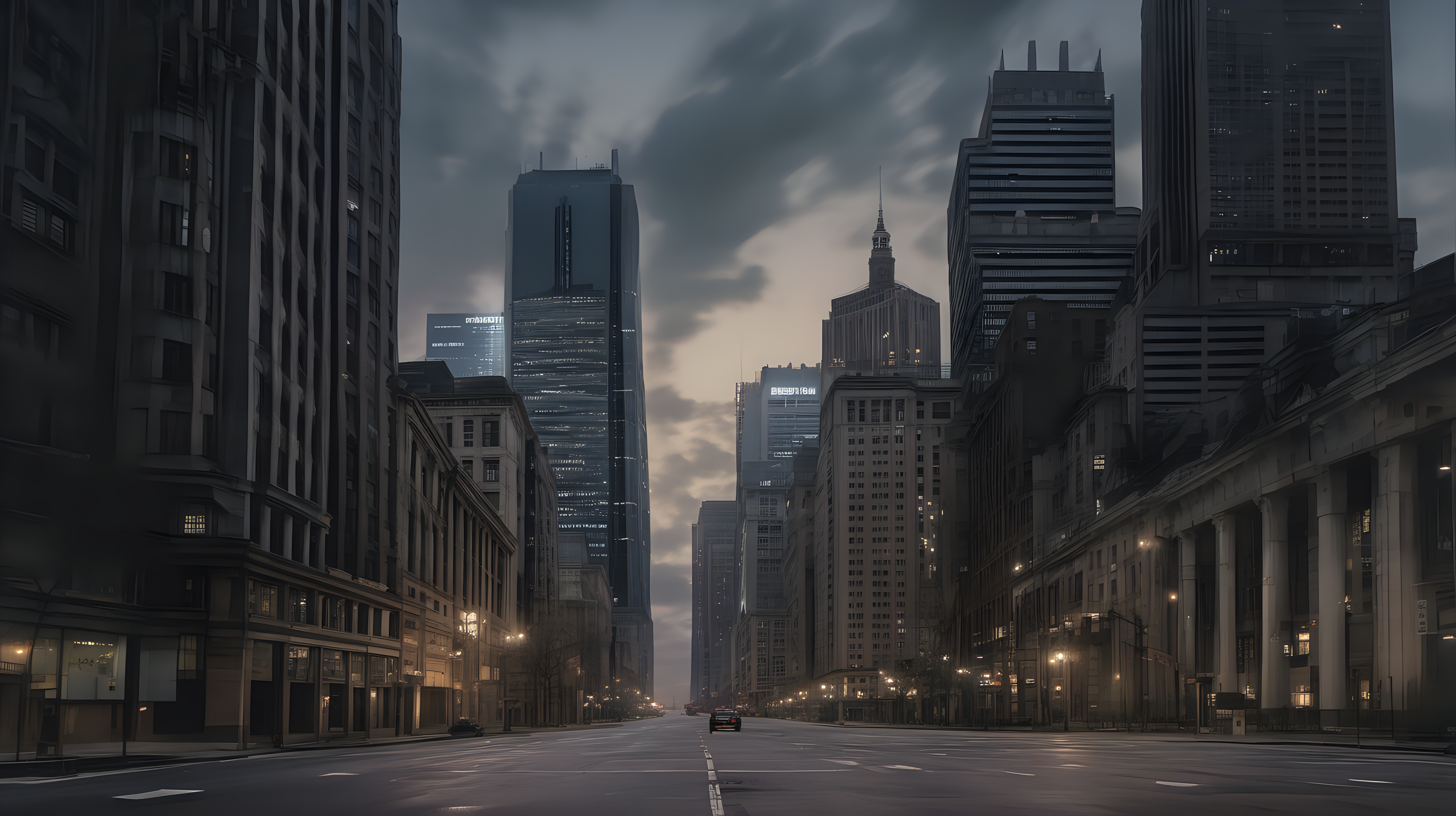 Downtown in a deserted large city at dusk