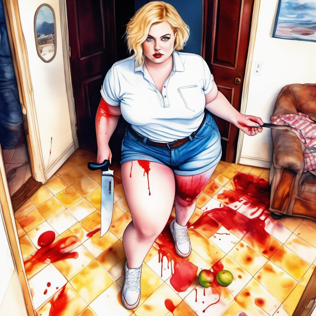 sexy point of vew image from top to bottom by a curvy plus size blonde woman, blue eyes, short hair, wide hips, thick legs,wearing denim shorts and a white tennis shirt with a knife in her hand with a knife stepping on a fruit in a room of a house stained with blood, image based in watercolor paint art.