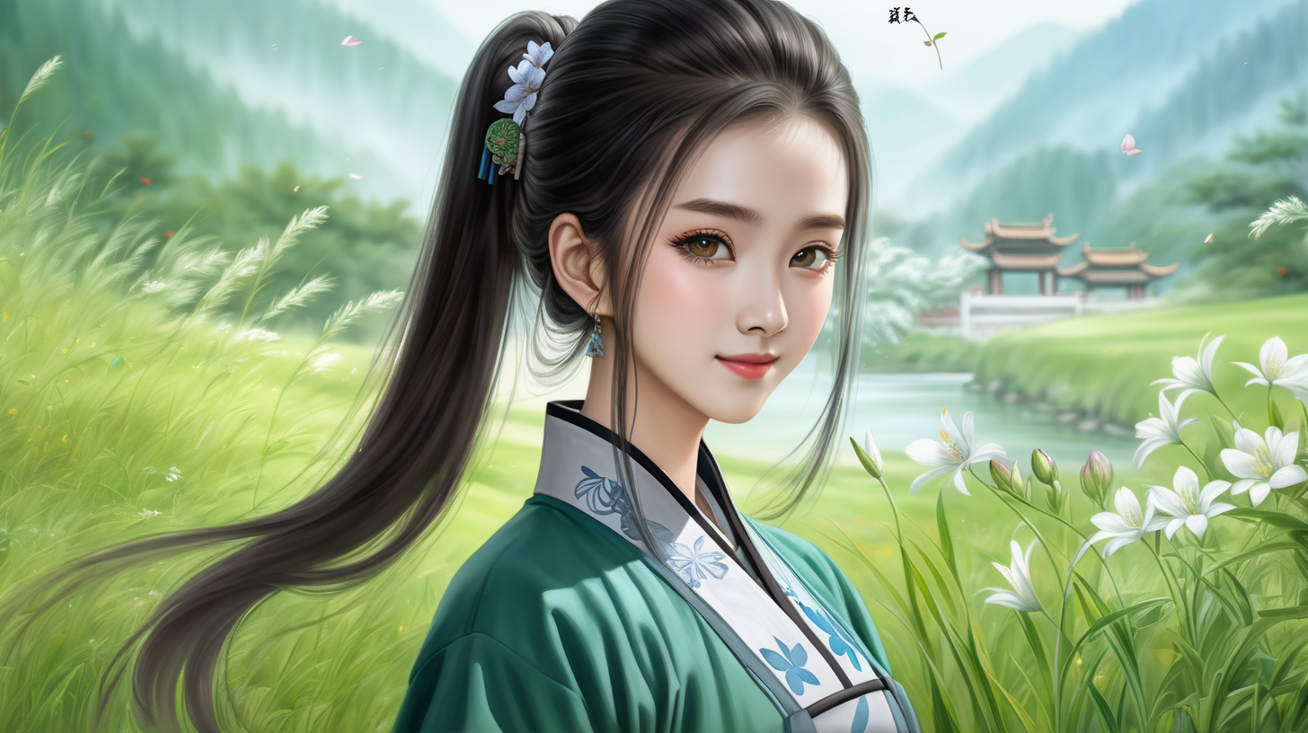 中国女子，古装武侠风格，水墨画，性格溫柔活泼，医师，赵灵儿模板，25岁，面容姣好，大眼睛，微笑，身材高挑，胸部丰满，黑色披肩长发，绿色和白色长衫，古代郊外背景，春天，鲜花芳草，高清4K，正面，全身