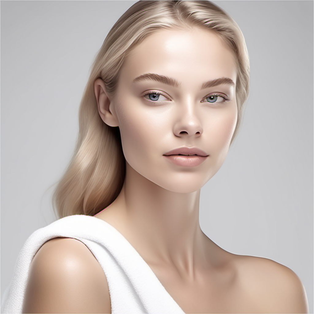 18 years old  white lady has flawless skin for a skincare commercial advertisement, ultra-realistic skin details with white background, the lady is showing shoulder