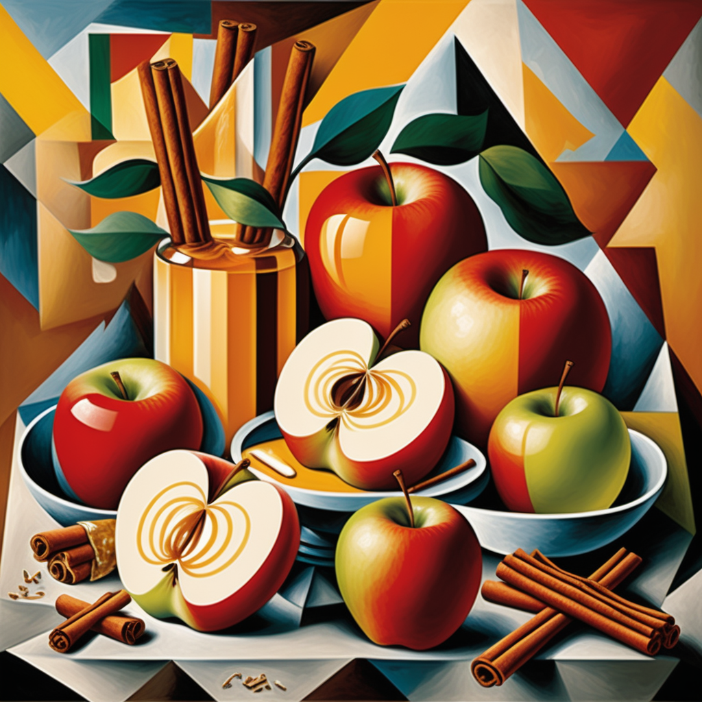 award-winning art by Pablo Picasso, hyper-detailed; apples, honey, cinnamon sticks, apple slices, apple slices mixing with honey, background filled with apples and cinnamon and honey; abstract geometric background; high octane; photorealistic