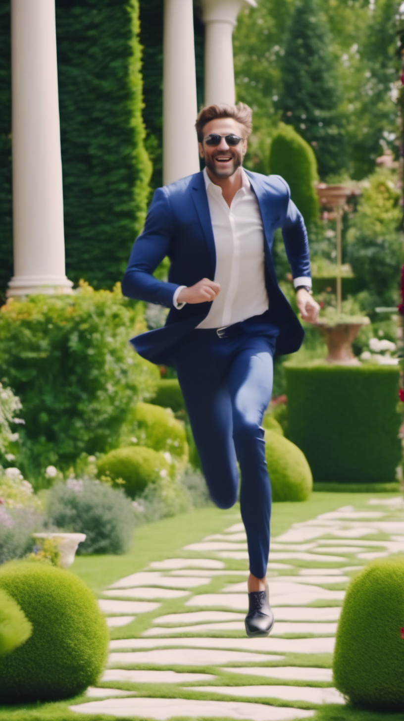 handsome wealthy man running extremely fast around his luxury garden 4k