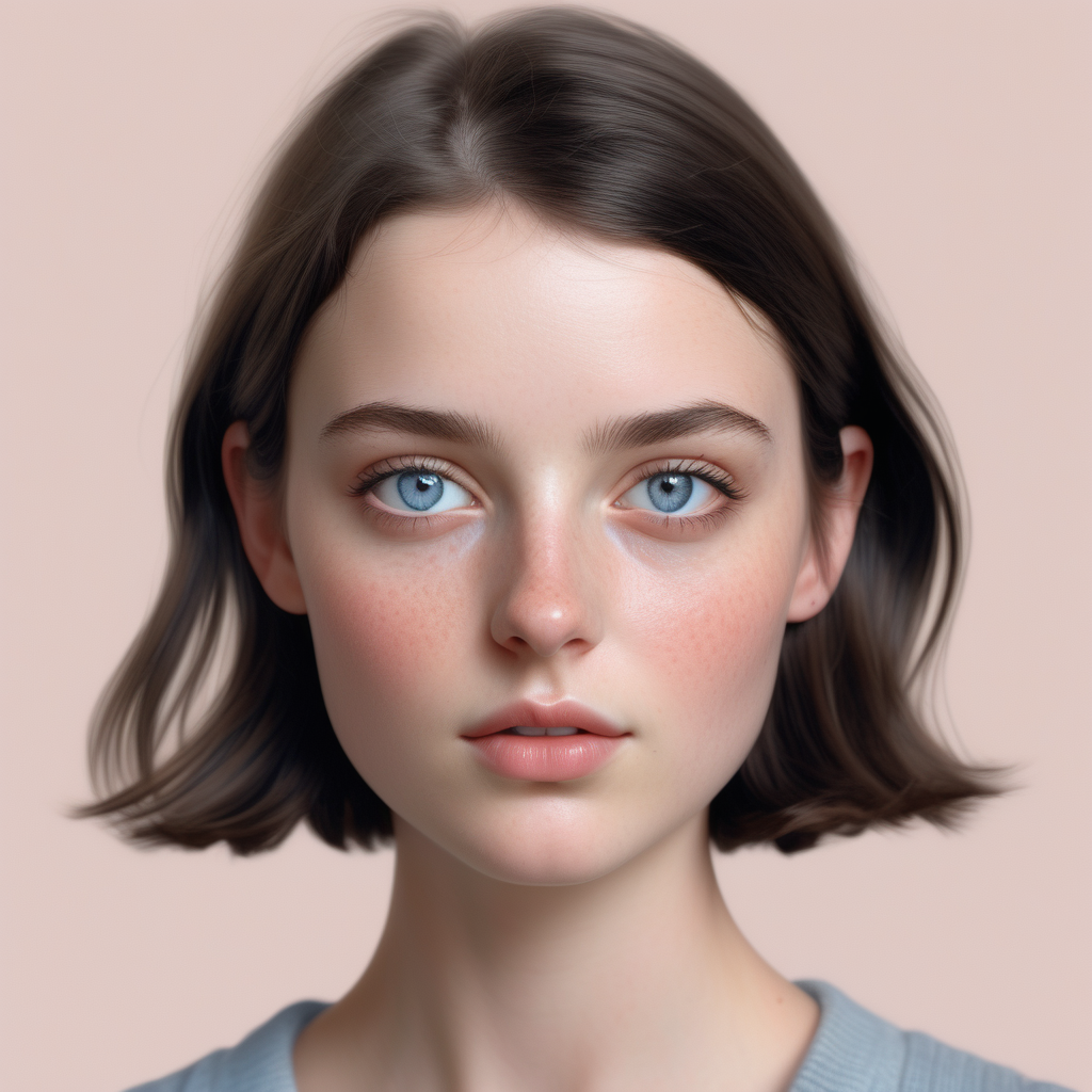 hyperrealistic modern Parisian, brunette, grey-blue eyes, oblong face shape, petite, beige black ivory brass colour palette sharp nose, soft pink cheeks, light freckles on nose
