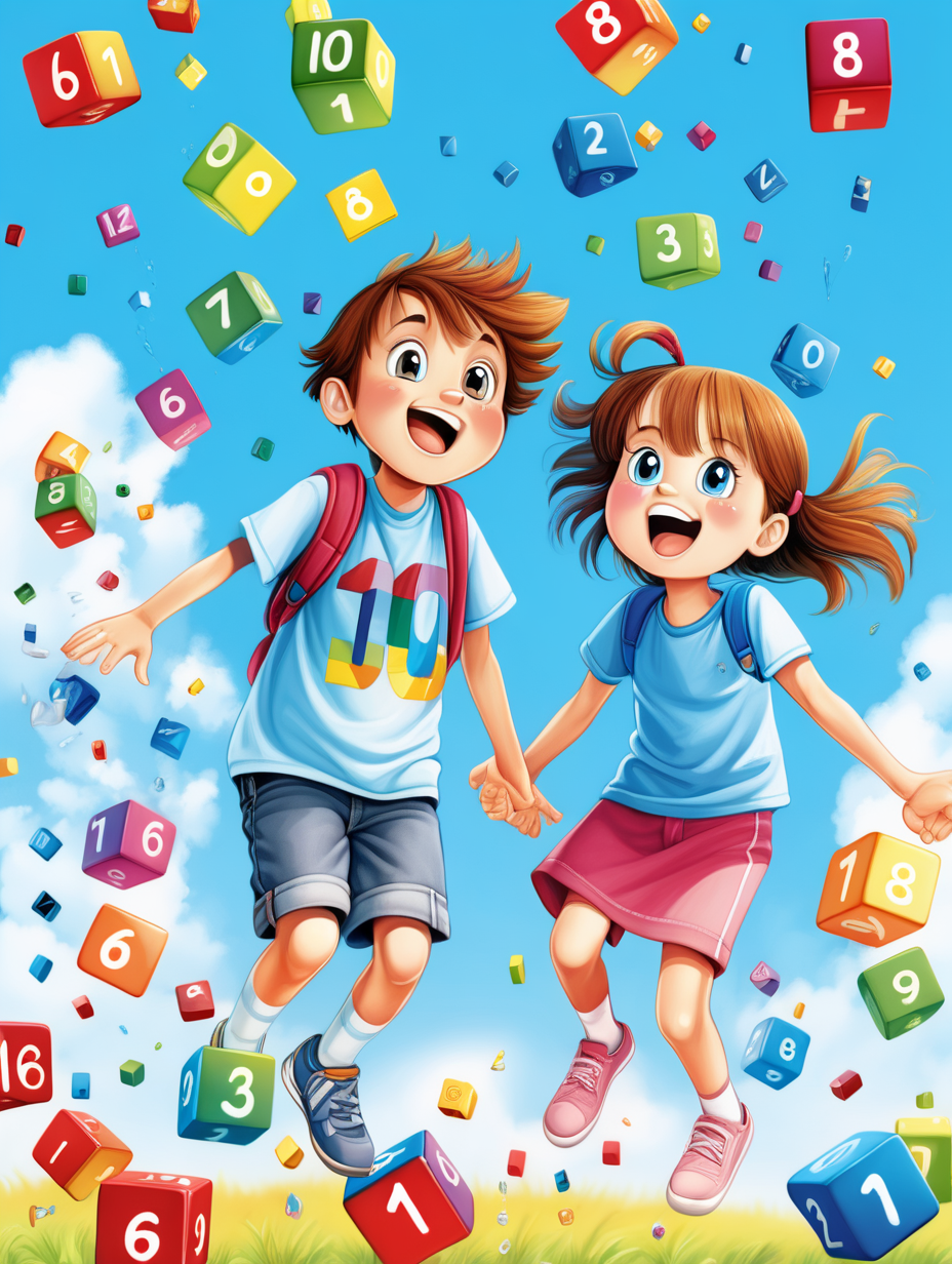 10 year old boy and girl with happy faces under falling from blue sky , 160 pieces of coloured number cubes from number 1 to 9, cartoon style