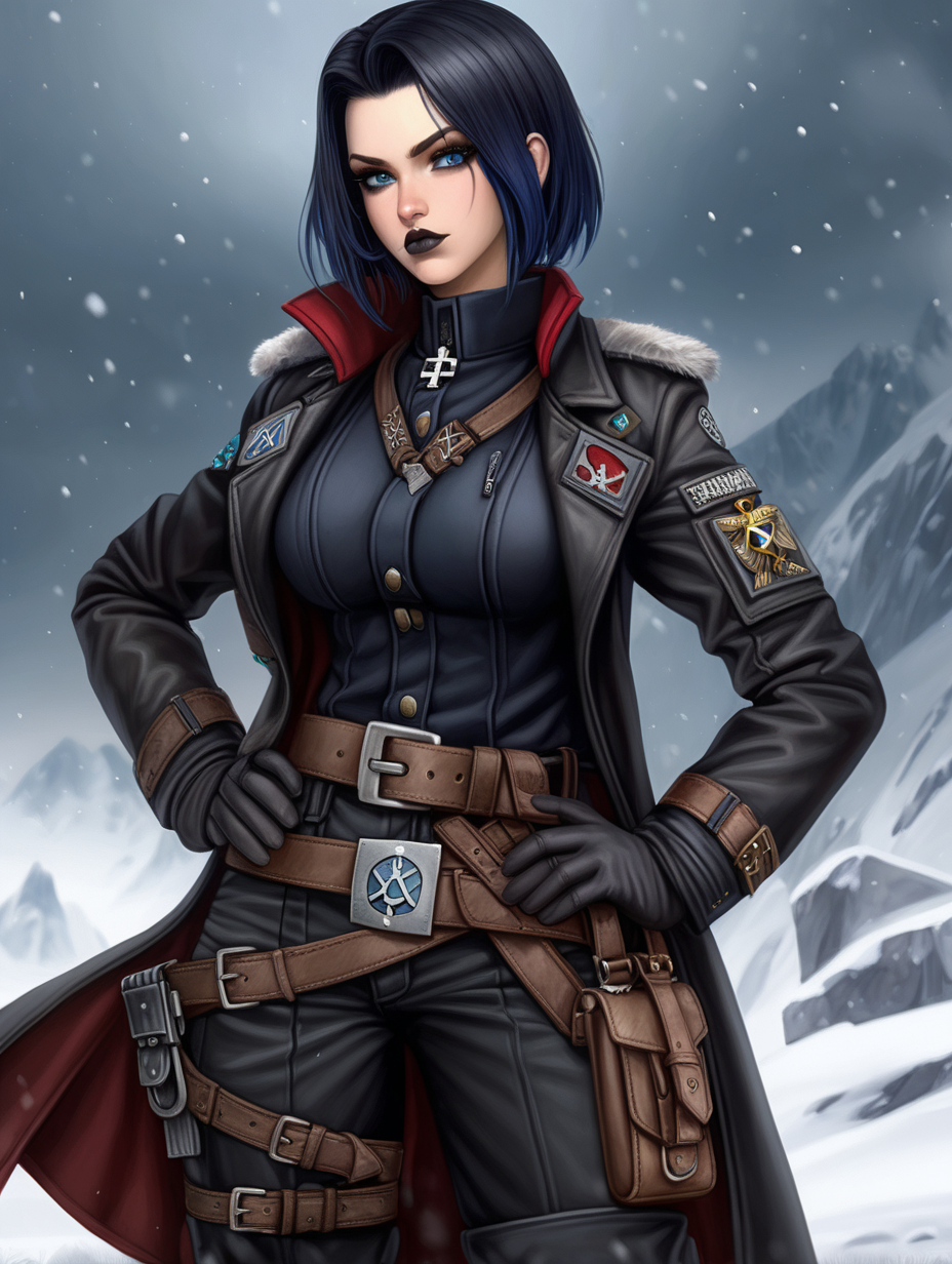 Warhammer 40K young very busty Commissar woman. She has an hourglass shape. She has a very short hair style similar to what Maya, from Borderlands 2, has. Dark black uniform. Dark brown belt has a lot of pouches, grenades, and a black holster attached. Dark brown bandolier around waist. Her dark black uniform jacket fits perfectly and is closed up. She has a lot of eye shadow. Background scene is snowy trench line. She has icy blue eyes. Her uniform has some Norse runes. She is wearing warm clothes. Valk nut rune is on collar of her black jacket. She has slightly faded greyish matte lipstick. Her uniform top is colored dark mud brown and skin tight. She has raven black hair with dark blue colored hair tip highlights. 