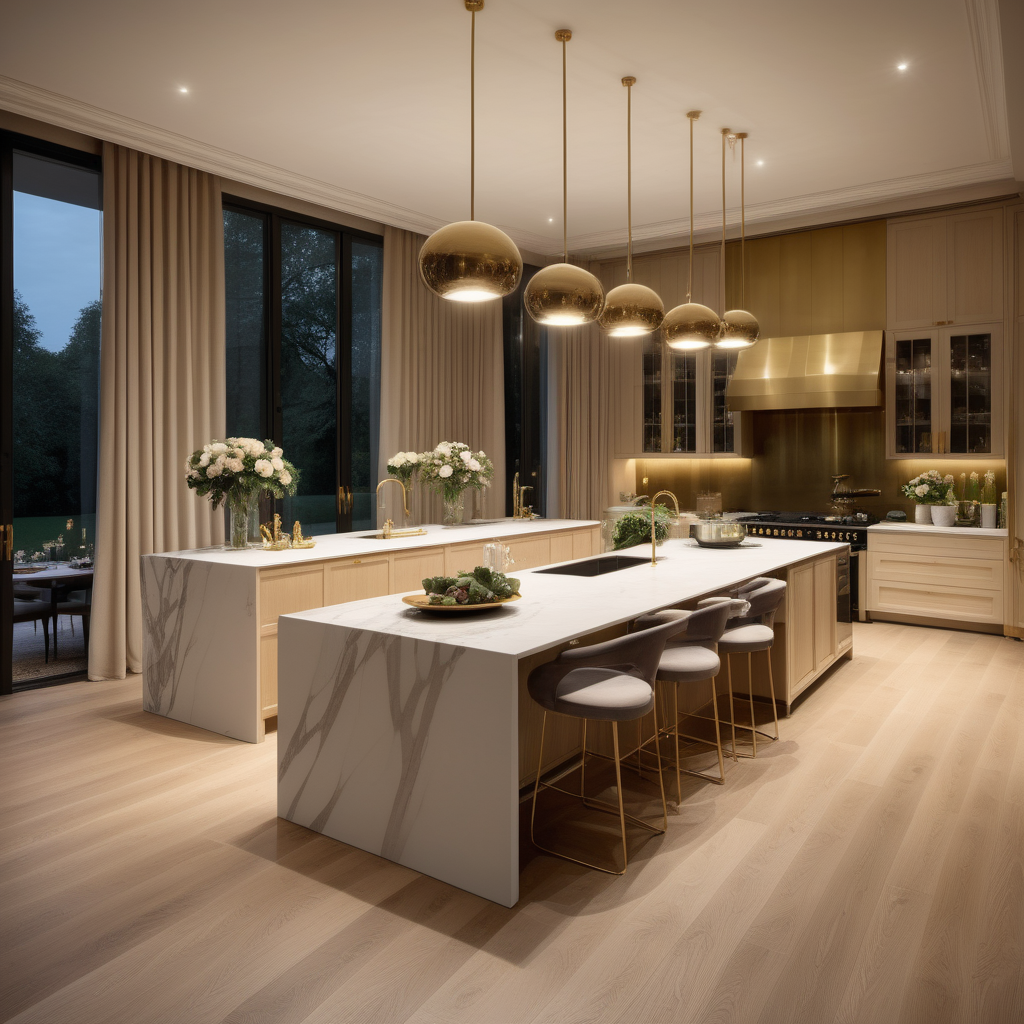 hyperrealistic of an elegant, paltial modern Parisian kitchen with large double island at night; oak flooring; floor to ceiling windows with a view of the sprawling lush gardens; curtains; mood lighting; beige, oak, brass colour palette; modern brass pendant light; rug; 
