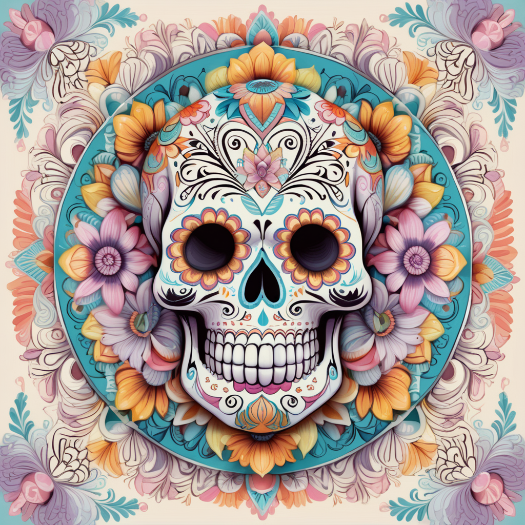 bright pastel colors, high details, symmetrical mandala, strong lines, day of the dead, candy skull