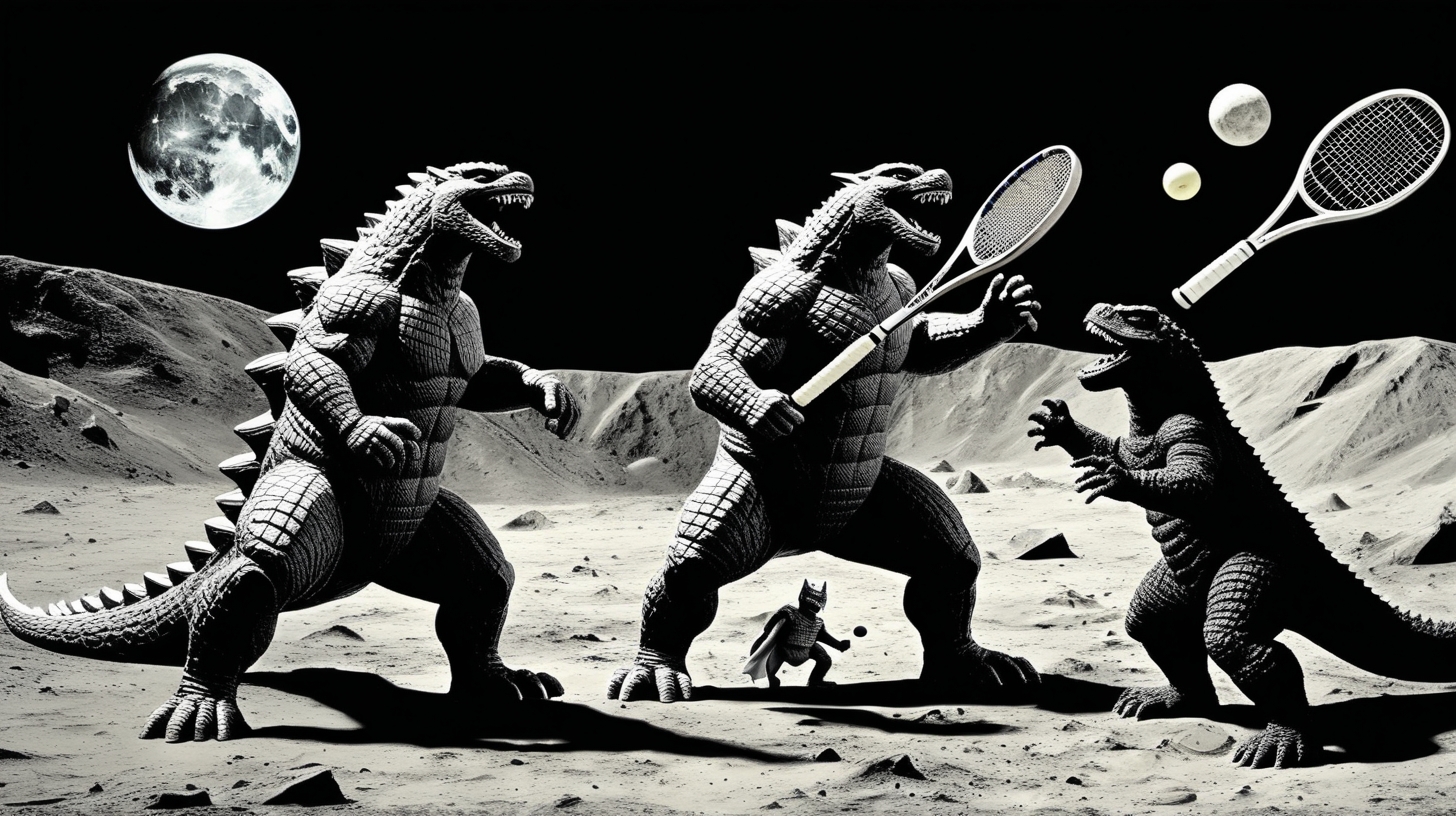 Thor and Godzilla playing tennis on the moon