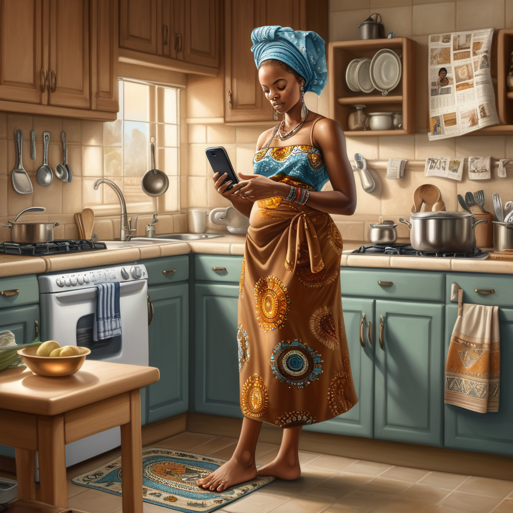 A full body realistic image of a light brown skin  female wearing african dresswith headtie with bare feet  there is a dishes all over  around kitchen sink and she is cooking and her phone is on the counter and a calendar on the wall her 2  children  in the kitchen