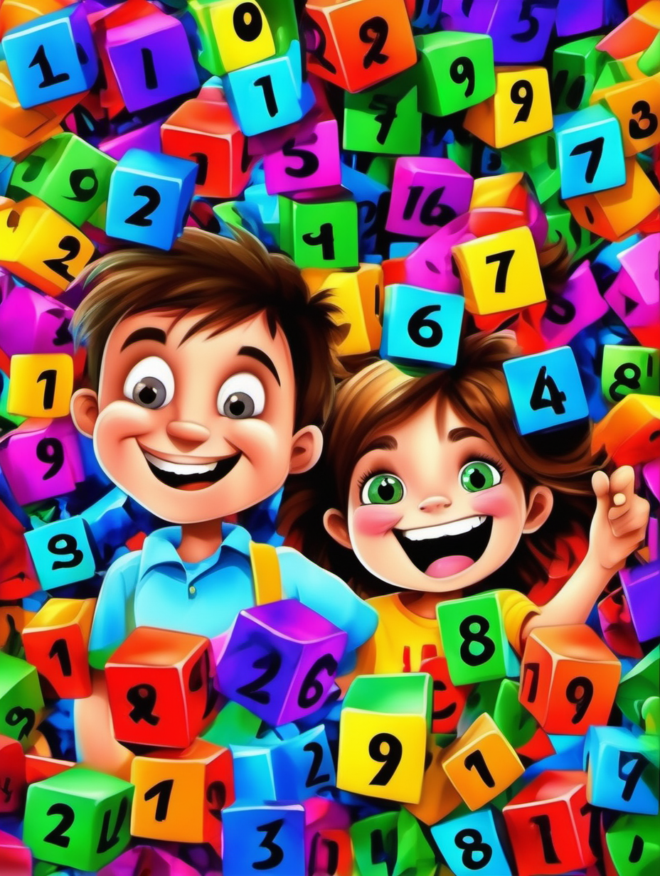 10 year old boy and 10 year old girl with happy face under the falling 25 pieces of number colourful cubes from 1 to 9, cartoon style