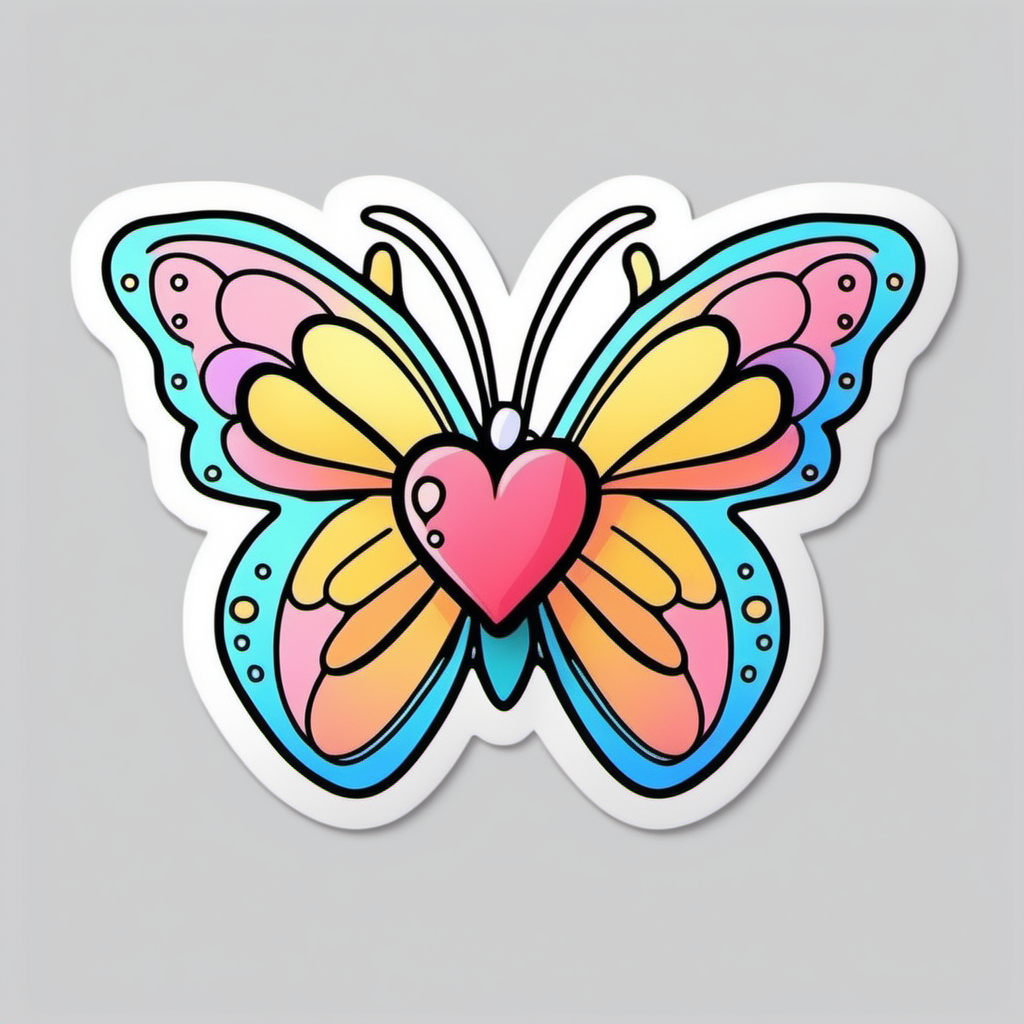  Sticker, Cute colorful Butterfly with Heart-shaped Wings, kawaii, contour, vector, white 
background
