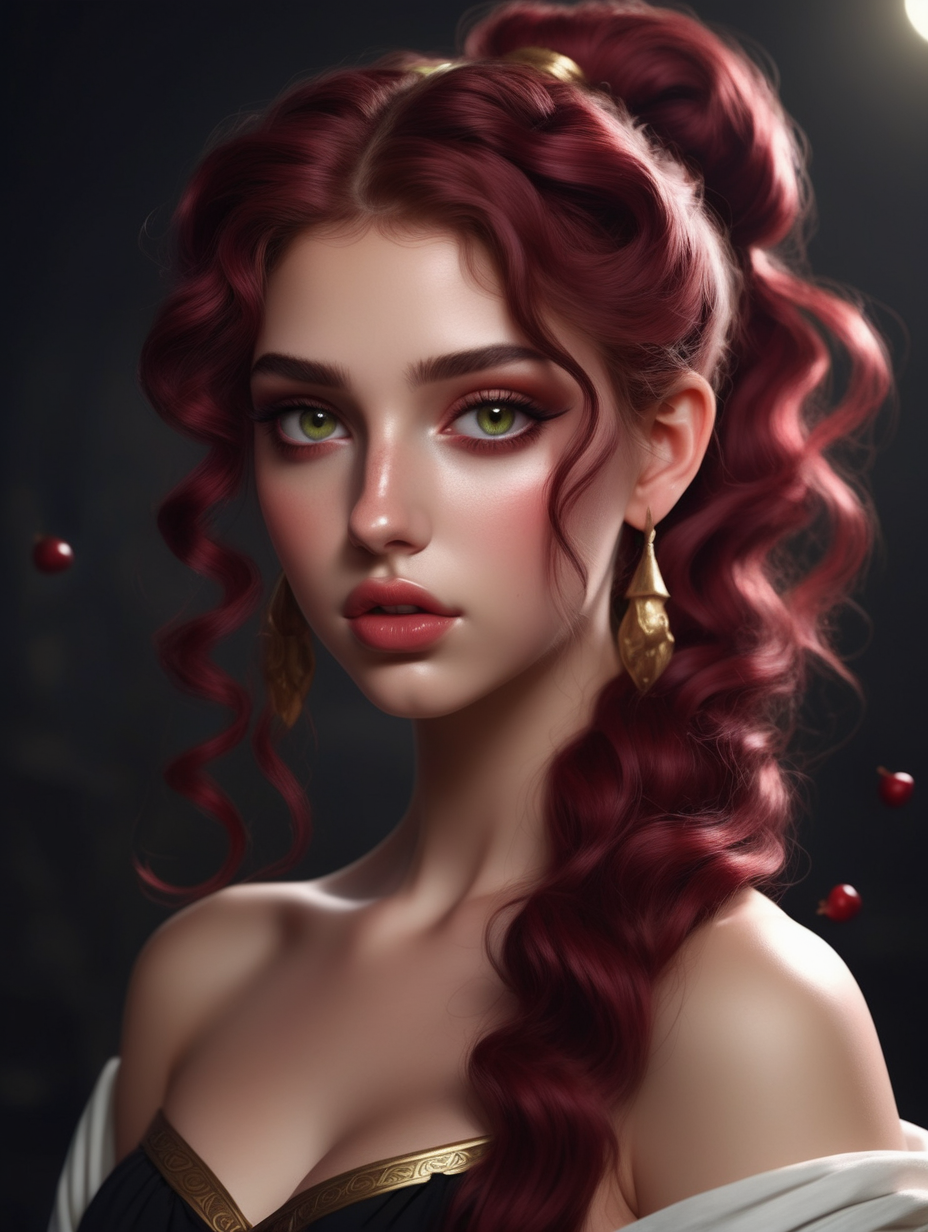 a very beautiful greek goddess  wavy maroon hair in a ponytail heart shaped face perfect lips light olive colored eyes in darkness pomegranates wearing a sexy black toga