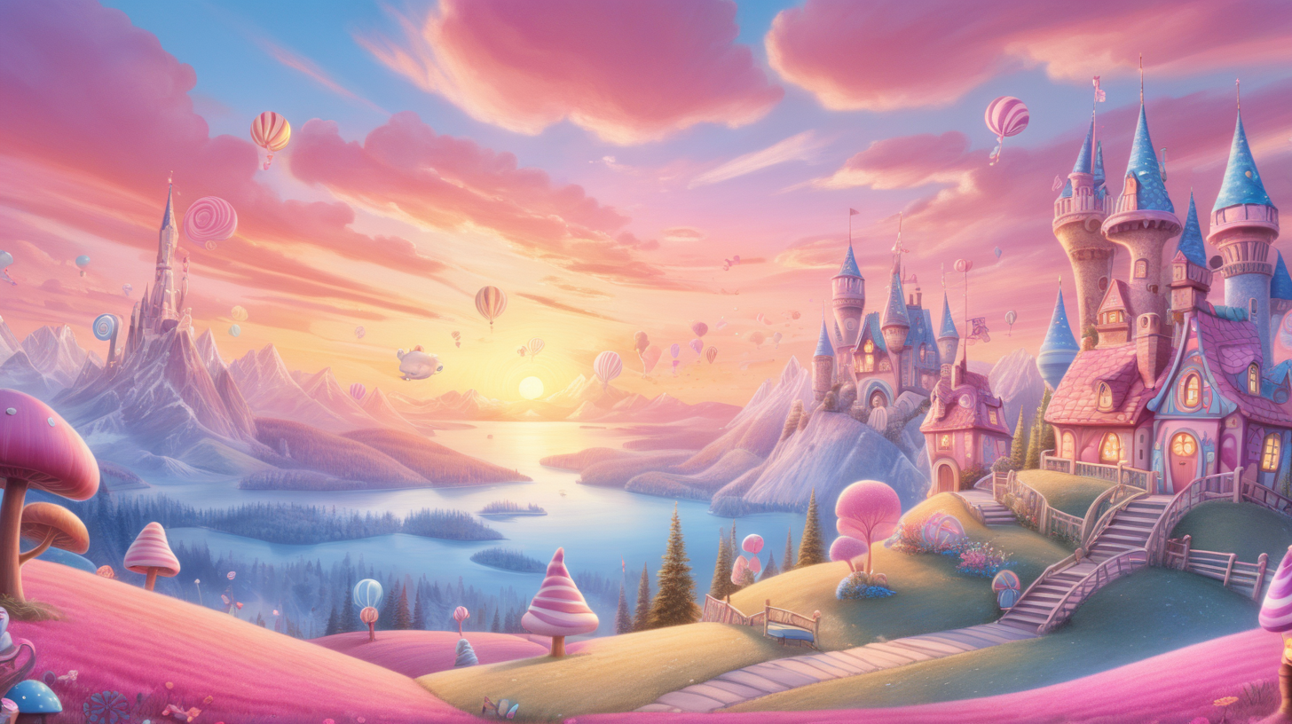 in cartoon storybook fairytale style, a sky painted in the most enchanting shades of pink and blue, the sun setting  and there is a magicla glow. similar to CandyLand