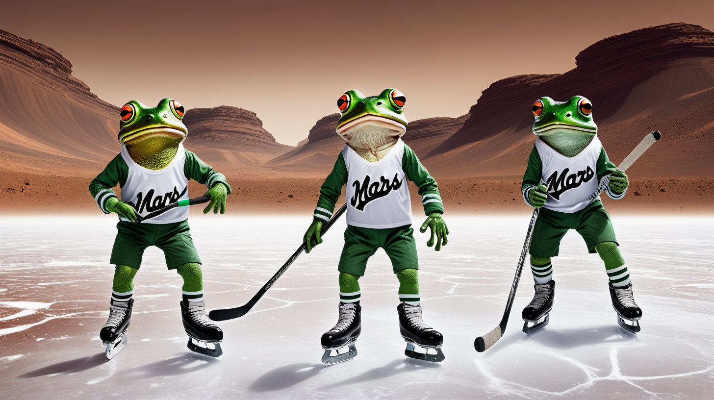 frogs in uniforms on ice skates playing hockey on mars