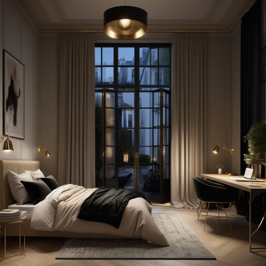 a hyperrealistic image of a palitial modern Parisian teenager bedroom at night with mood lighting, floor to ceiling window and doors opening to the private courtyard garden in beige, oak, black and brass with modern brass pendant lights, desk
