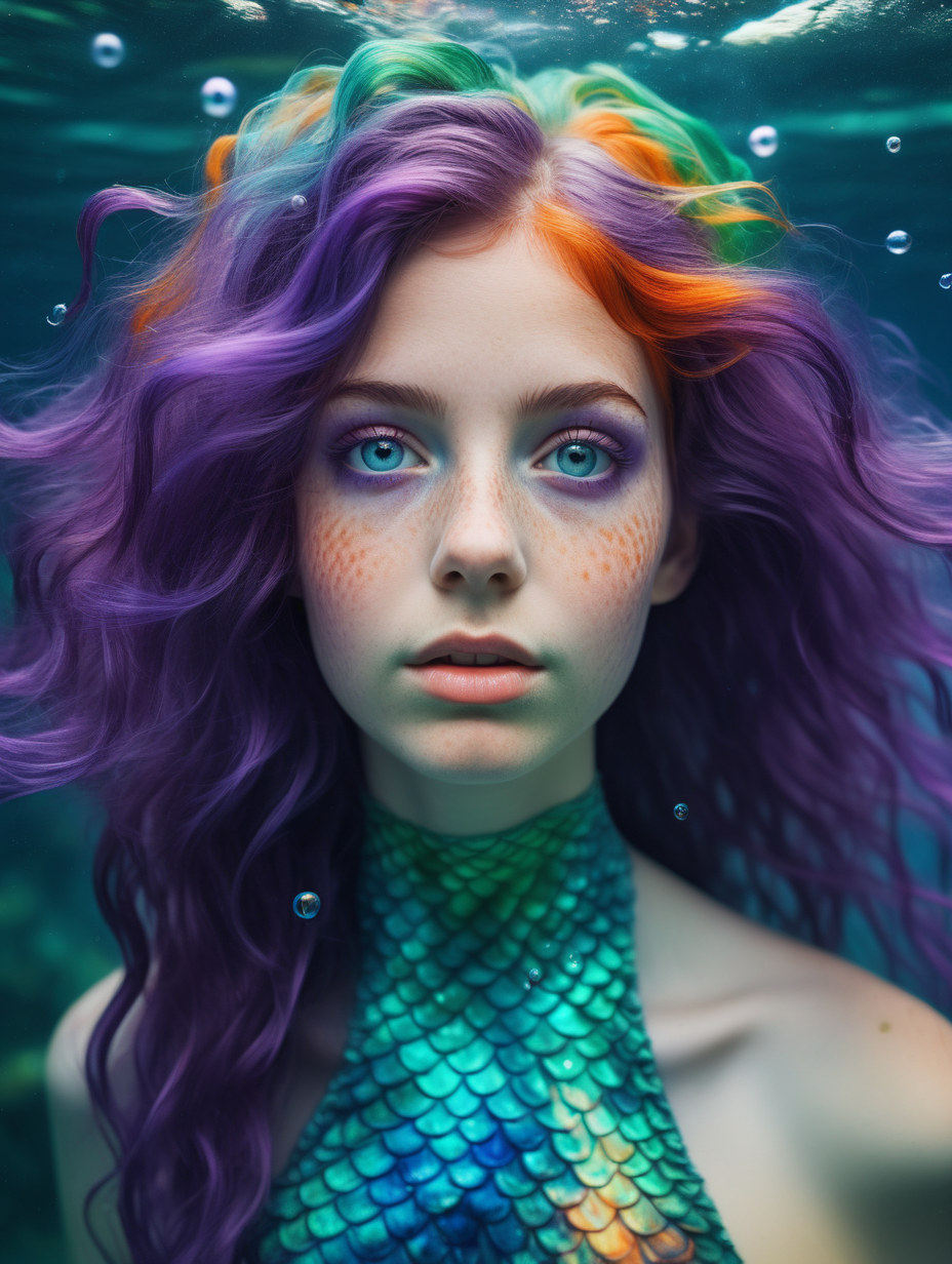 Frontal portrait of a whimsical and colorful woman resembling a mermaid or siren. Fair complexion, youthful features, wide open eyes, and delicate freckles on nose and cheeks. Vibrant, gravity-defying hair in shades of purple, blue, orange, and teal. Hair transitions into tendrils or aquatic flora, creating an underwater illusion. Small bubbles floating around the head add to the underwater theme. Attire or visible body part resembles teal and green fish scales with vibrant colors. Overall effect: Serene and otherworldly underwater creature in quiet contemplation.