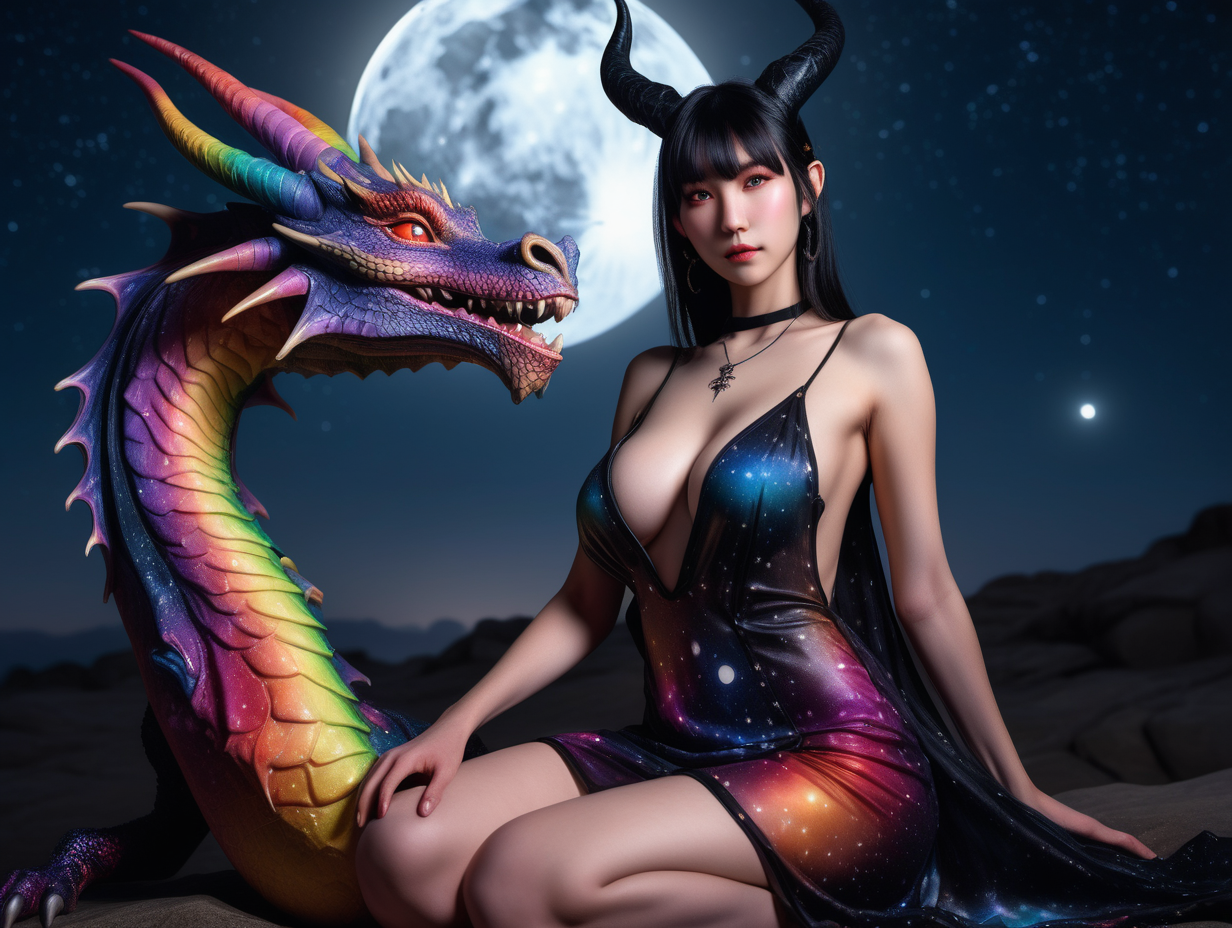 ultra-realistic high resolution and highly detailed close up adult film photoshoot of a slender female human dragon, with sleek pointy black horns gently swept straight backwards over head, draconic markings on arms and body, with massive breasts, colourful open front loose transparent dress, sitting under a starry sky with the moon in the background, looking at the camera
