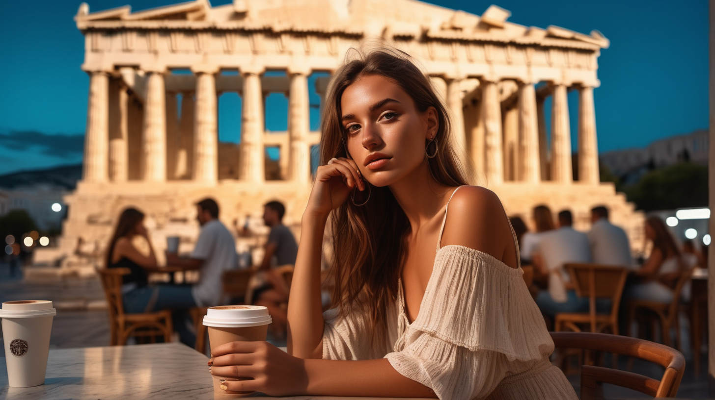 post classic, portrait photography, boho outfit, super realistic woman, sitting in a street coffee shop in modern Athens, dusk blurred Parthenon in the background. Perfect body, simetric, no more fingers on hand.  The lighting in the portrait should be dramatic. Sharp focus. A ultrarealistic perfect example of cinematic shot. Use muted colors to add to the scene.