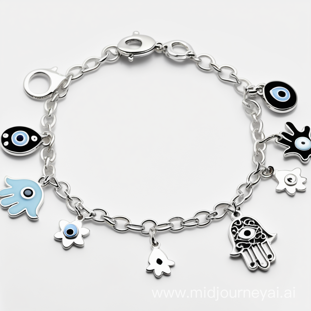 sterling silver bracelet different enameled charms hamsa charm light blue enamel with eye in the middle, daisy off white enamel charm with silver border, evil eye with night blue white and black enamel. All charms have a link on both sides and are linked together with silver lobster. total length of the bracelet 18cm. charms width 6mm