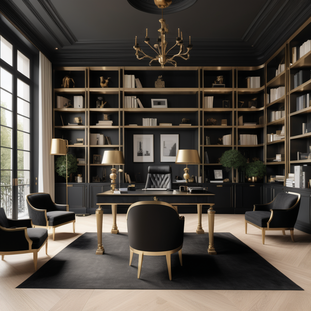 A hyperrealistic image of a grand, large,  Modern Parisian home office in a beige oak brass and black colour palette, with floor to ceiling windows, floor to ceiling bookshelves,