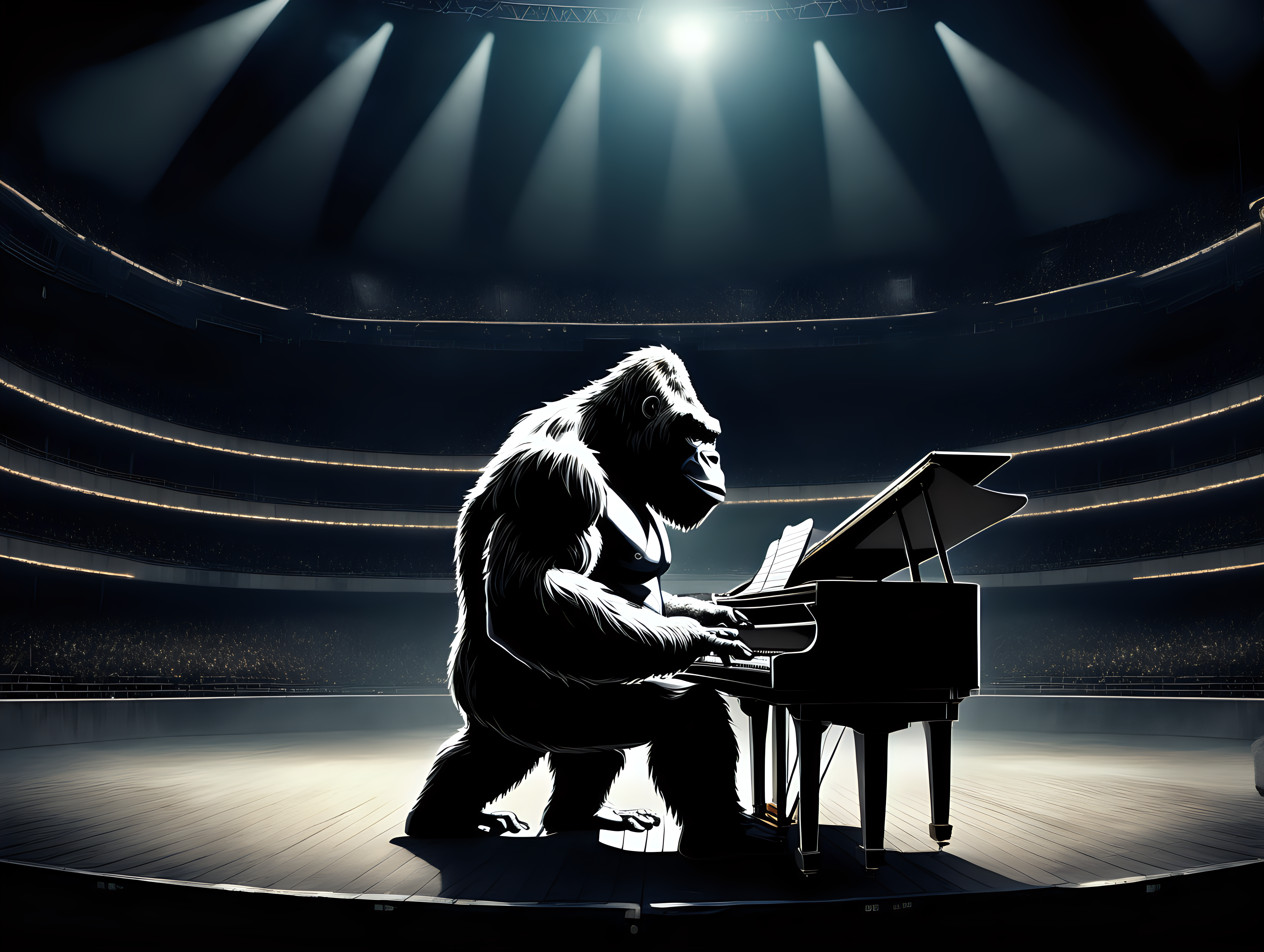 King Kong playing a piano
 in an arena at night