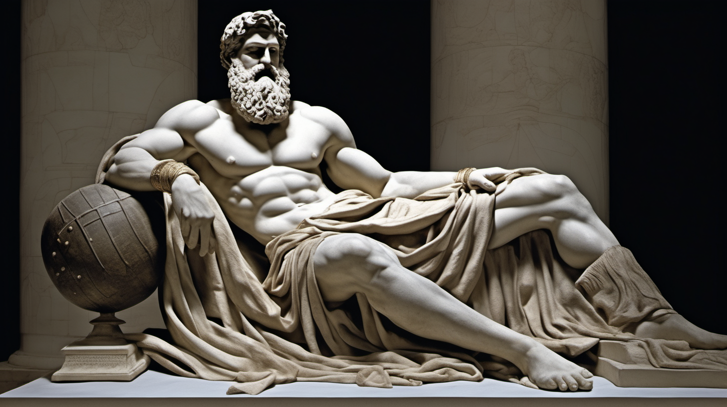 ﻿
Image of a full-body statue depicting a muscular, bearded man sitting near sword. The statue should be in the style of ancient Greek art, characteristic of Stoicism. It should feature clothing elegantly draped over one shoulder. The background should be dark, highlighting the statue as the central element. The statue must demonstrate exceptional
craftsmanship, with intricate details visible in the facial features and attire. The image should have a dramatic feel, achieved through the interplay of light and shadow. The perspective should be a wide shot.
