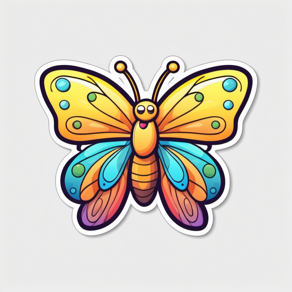 Sticker, Adorable Butterfly with Colorful Wings, cartoon, contour, vector, white 
background 
