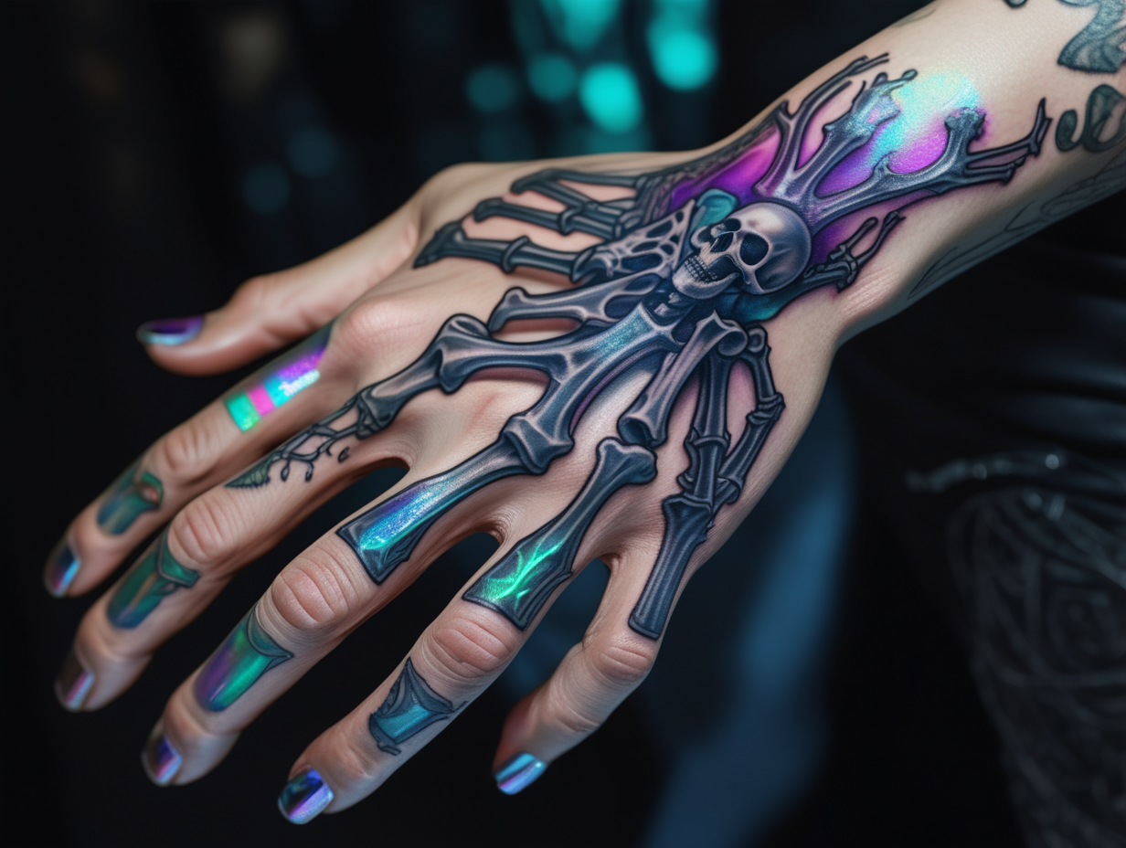 Knuckle tattoos. Backhand tattoos. Skeletal bones. Skeletal hand tattoo on back of hand. Iridescent tattoo ink. Very intricately and detailed. Unreal engine 5.