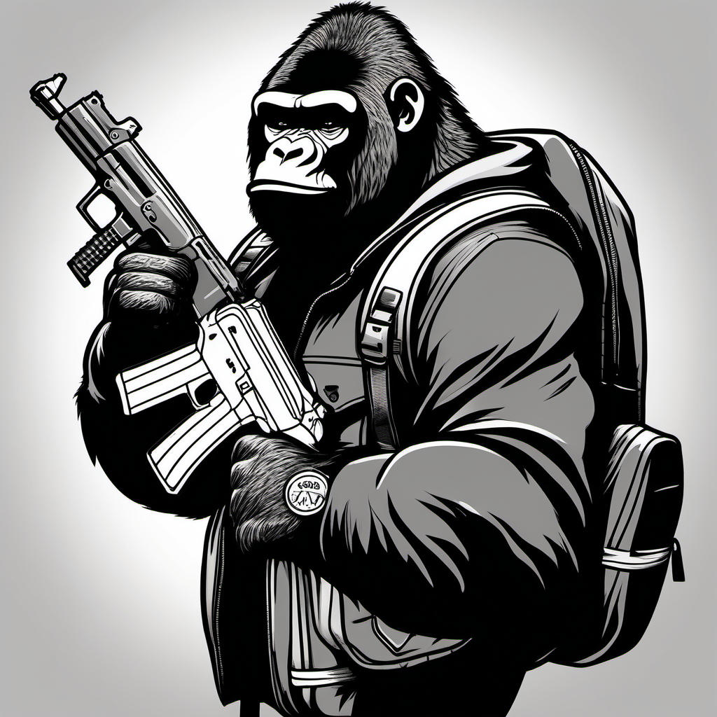 draw a street gangster silverback gorilla wearing a backpack while holding an ak 47