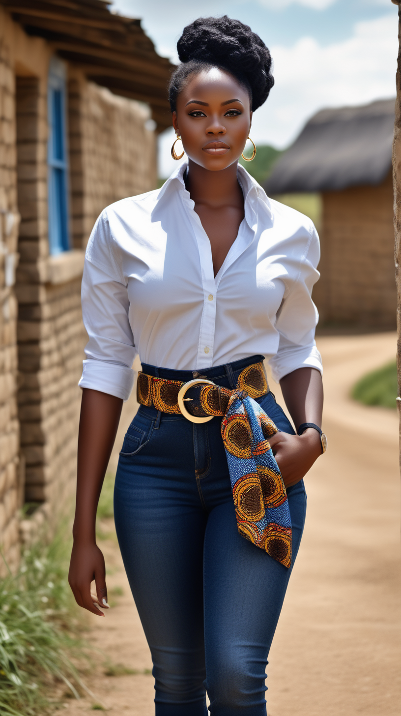 Beautiful Black woman, beautiful body, wearing denim capri jeans, wearing an oversized, African print belt, white, tailored, button down collar,  oxford shirt, wearing an African print shawl over one shoulder, view from the waist up, and straight ahead, standing in  village, 4k, high definition, high resolution