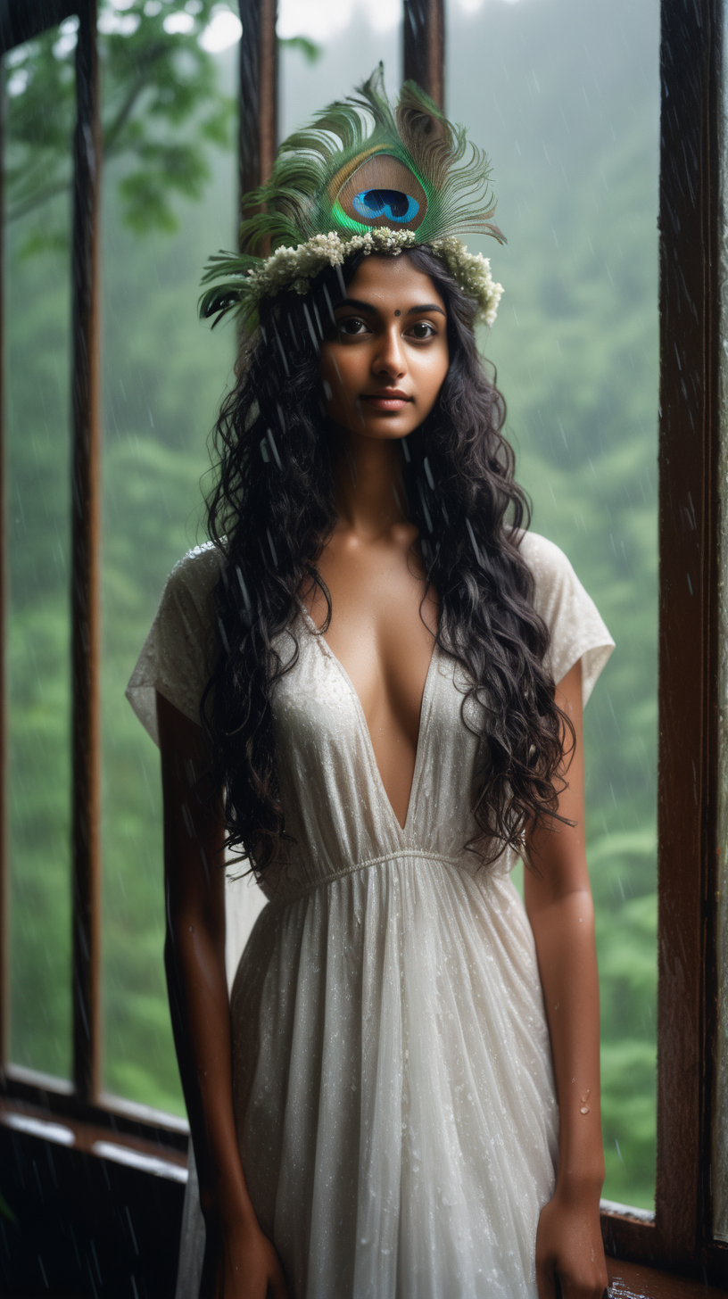 A beautiful slim Indian woman in her twenties with long curly hair , wearing a wedding dress, wet in rain, in a forest, mountains around, in the morning, delicate hands, detailed hands, detailed face, wearing flower crown, holding peacock feather, photorealistic, gravure, AV, pro photography, slide film, photo book, window light, full body shot, soft body, window light, film grain, 35mm
