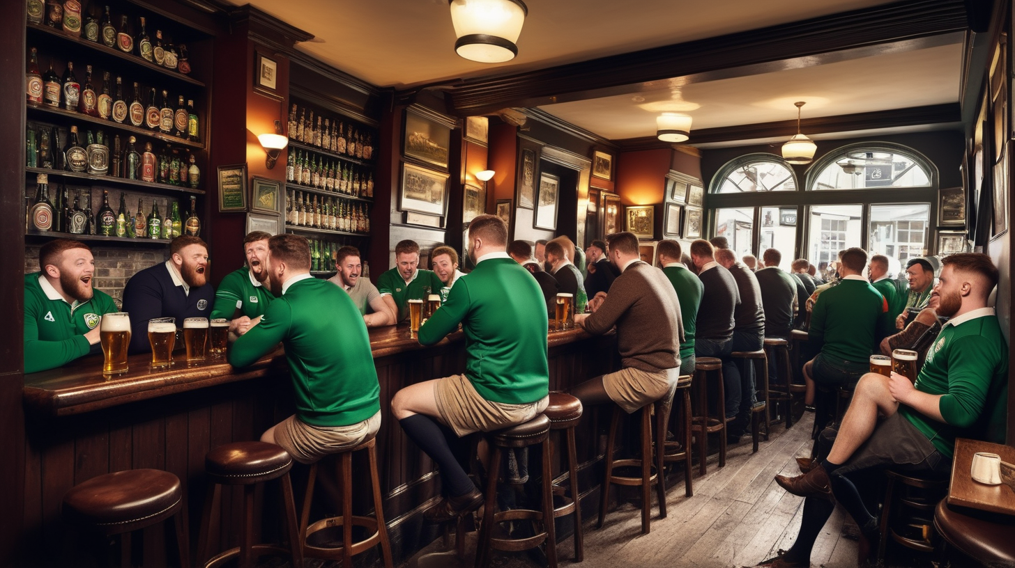 classic irish pub scene with people with a variety fo clothing 
drinking beer watching rugby match



