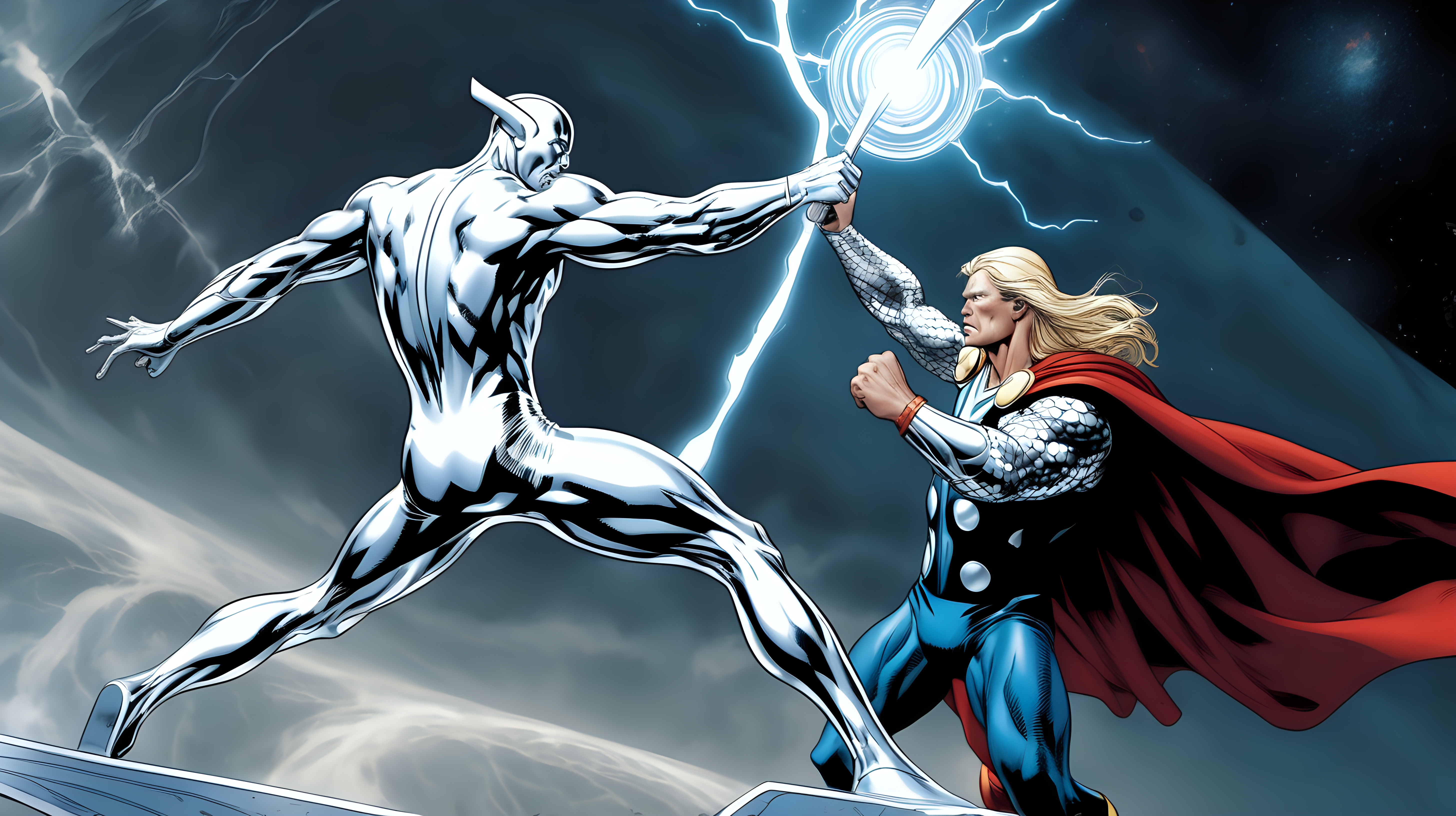 The Silver Surfer fighting Thor on Asgard