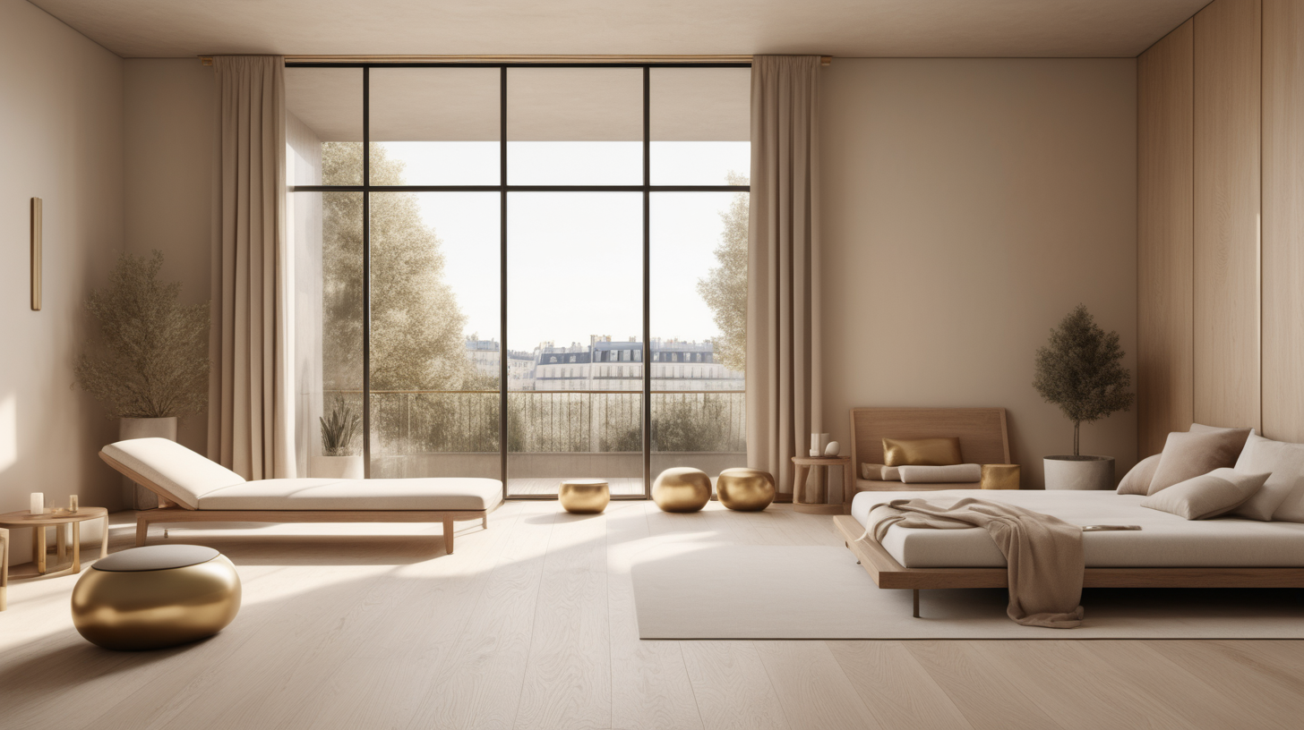 a hyperrealistic image of a Minimalist, Modern Parisian wellness room; beige, oak, brass color palette; --no neighbour houses
