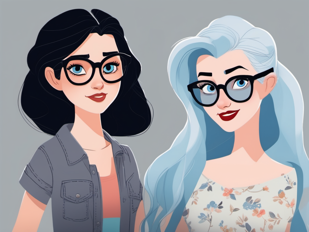 Create two Disney style women, one with black hair, pale skin and blue eyes, and one with pastel grey hair and bold dark glasses who are in a relationship. 