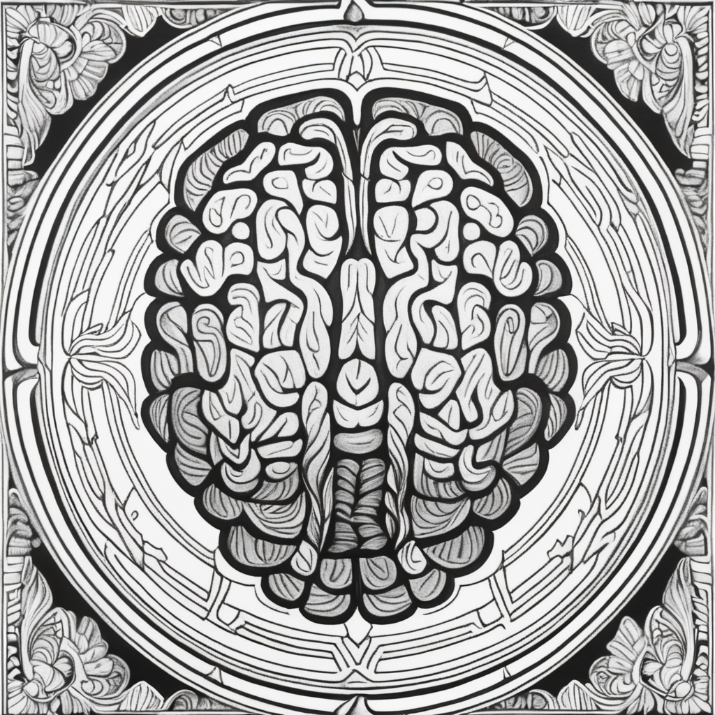 adult coloring book, black & white, clear lines, detailed, symmetrical mandala human brain