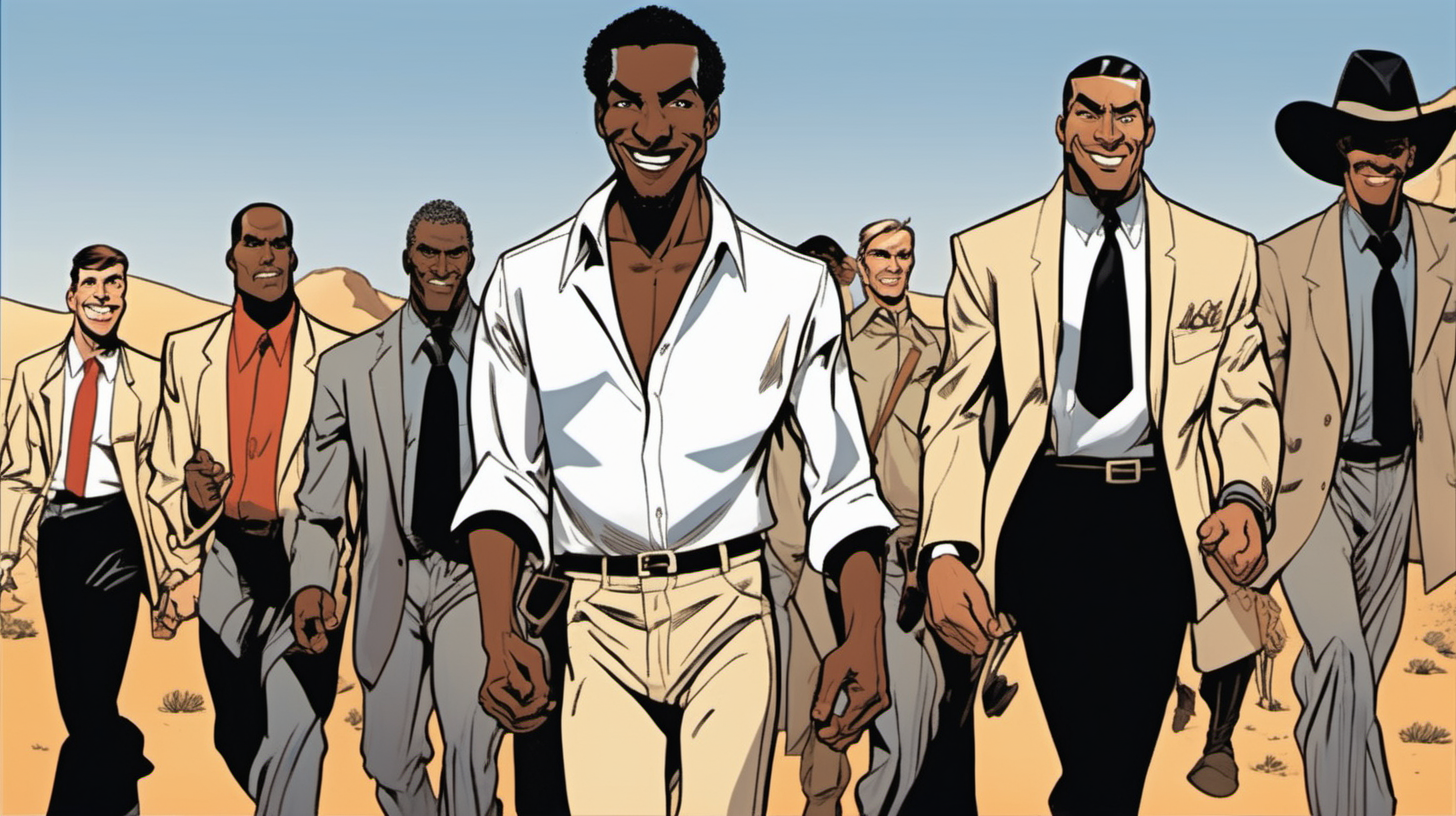 four black & spanish men with a smile leading a group of gorgeous and ethereal white,spanish, & black mixed men & women with earthy skin, walking in a desert with his colleagues, in full American suit, followed by a group of people in the art style of bruce timm comic book drawing, illustration, rule of thirds